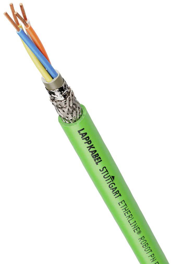 Grünes Ethernet-Kabel mit freigelegten Kupferdrähten, Aufschrift 'Lappkabel Stuttgart Etherline'.