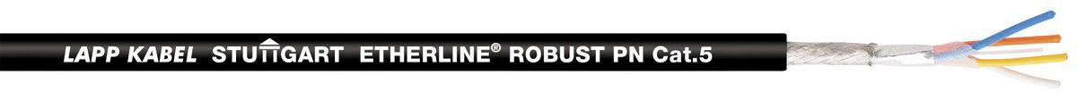 Schwarzes Ethernetkabel mit Text 'Lapp Kabel Stuttgart Etherline Robust PN Cat.5', mehrere farbige Adern sichtbar.
