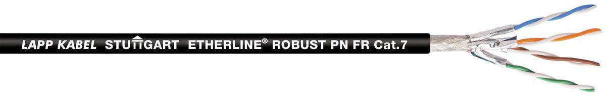 Ein schwarzes Kabel mit der Aufschrift 'LAPP KABEL STUTTGART ETHERLINE ROBUST PN FR Cca1.7' und freigelegten verdrillten Kupferdrähten am Ende.