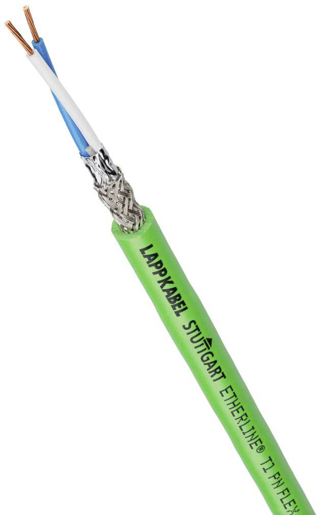 Grünes Kabel mit LAPP KABEL Stuttgart-Beschriftung, bestehend aus zwei kupfernen Stromleitern und blauer und weißer Isolierung.