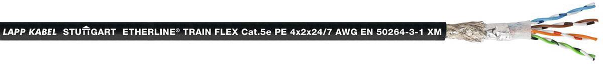 Schwarzes Ethernet-Kabel mit Beschriftung 'LAPP KABEL STUTTGART ETHERLINE TRAIN FLEX Cat.6a'. Kabel zeigt Kupferdrähte und Abschirmung.