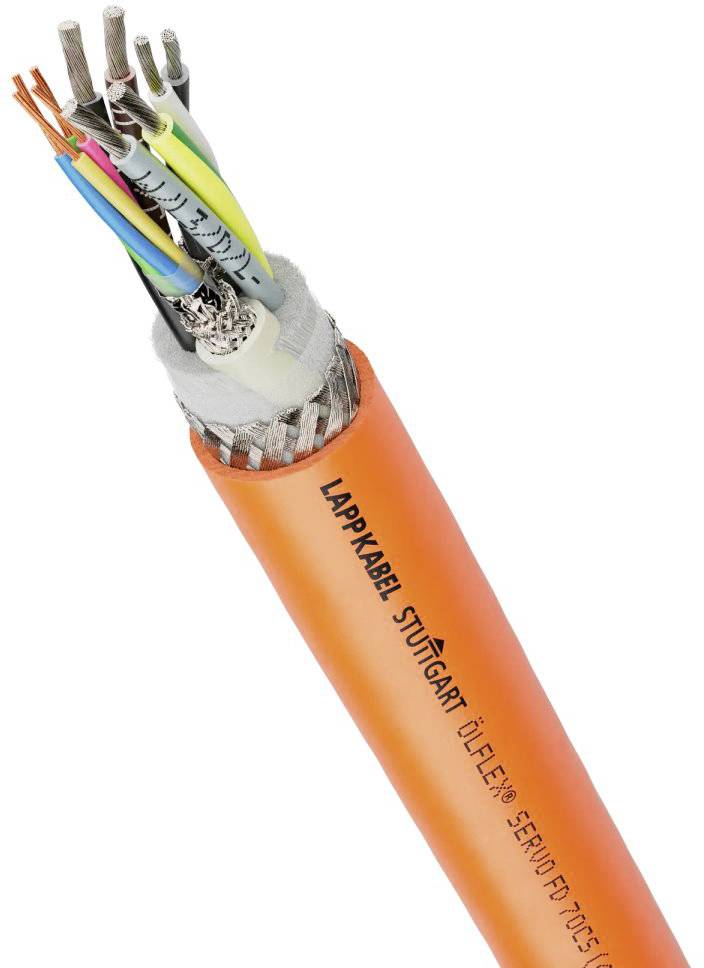 Ein orangefarbenes Kabel mit mehreren bunten, isolierten Drähten im Inneren. Aufschrift: 'LAPPKABEL ÖLFLEX® SERVO FD 796 CP'.
