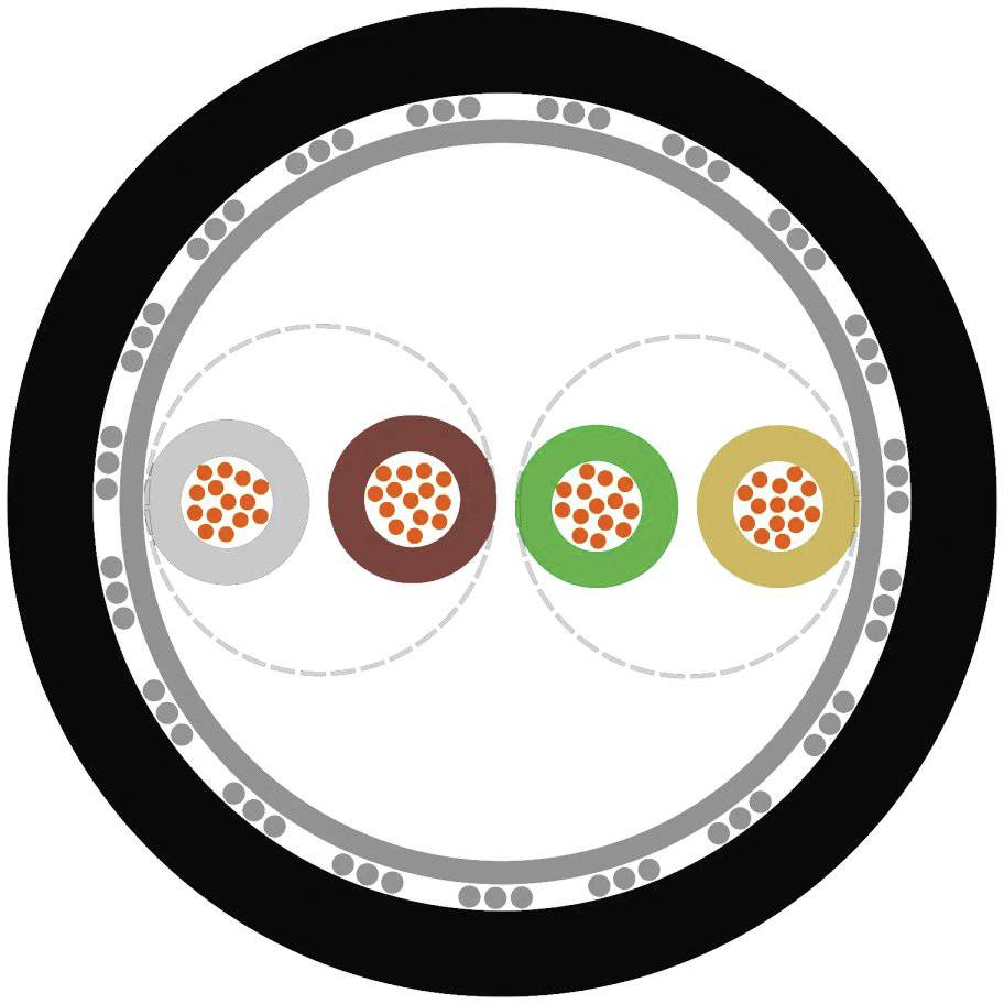 Querschnitt eines Coaxialkabels mit vier Innenleitern in verschiedenen Farben, die von Isolierung und einer äußeren Hülle umgeben sind.