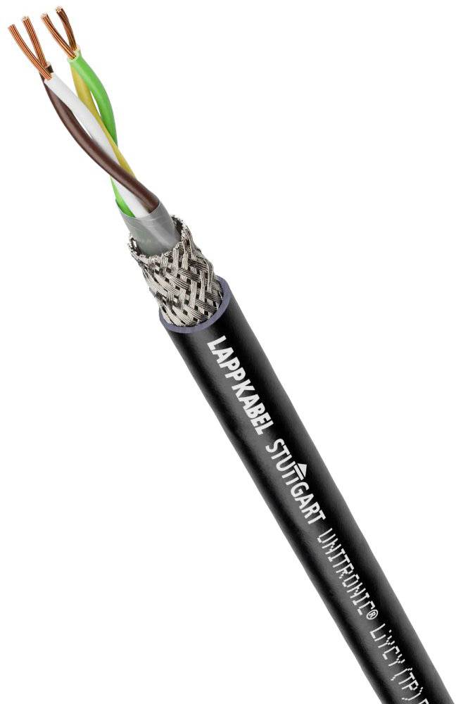 'Schwarzes Kabel mit aufgedrucktem Text 'LAPPKABEL STUTTGART UNITRONIC' und freiliegenden farbigen Drähten am Ende.'