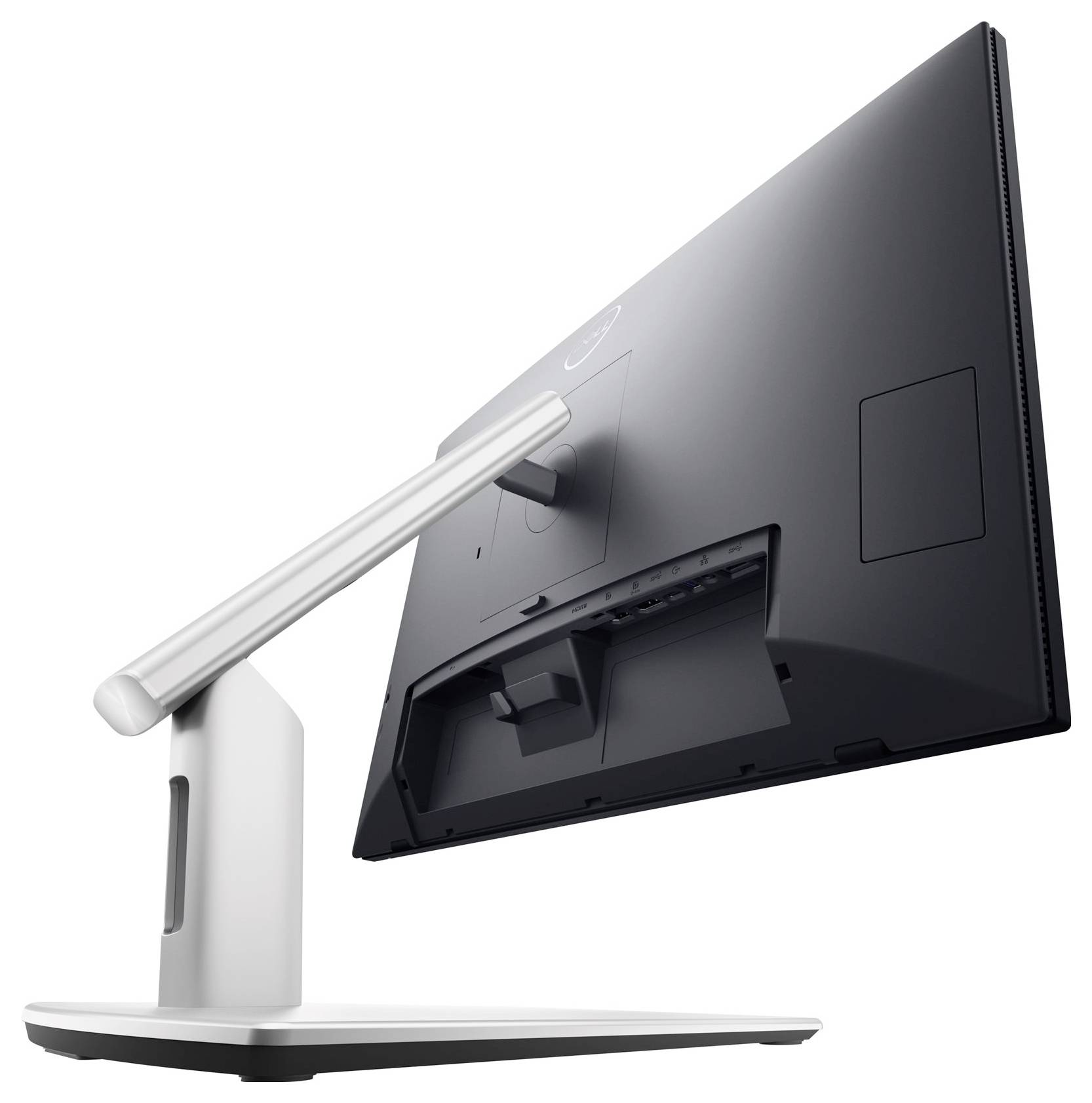 Ein schwarzer Computermonitor mit grauem Ständer, von hinten gezeigt. Der Bildschirm ist leicht nach rechts gedreht.