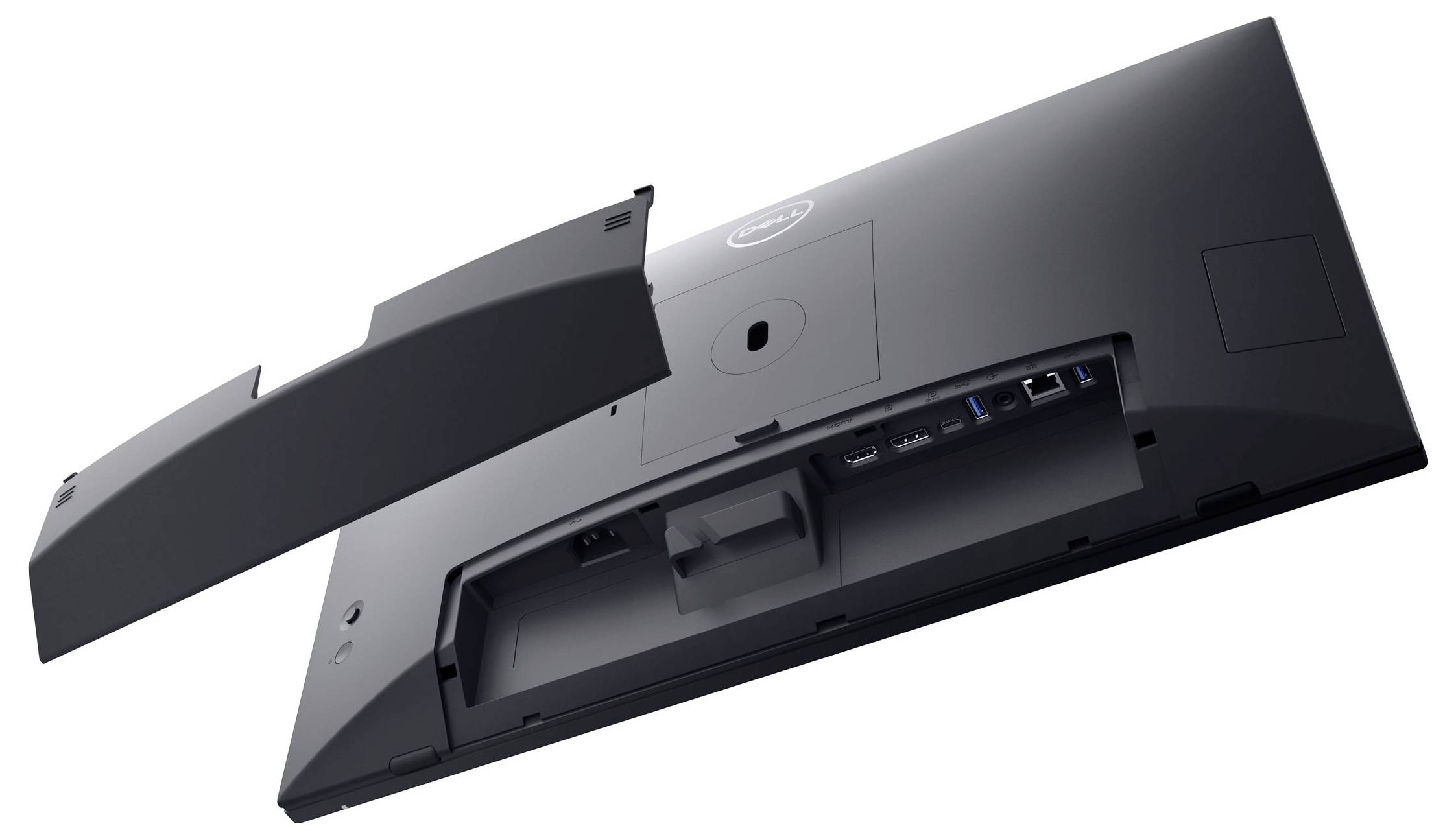 Rückseite eines Computerbildschirms mit entfernbarem Abdeckungsstück, das Anschlussports wie HDMI und USB sichtbar macht.