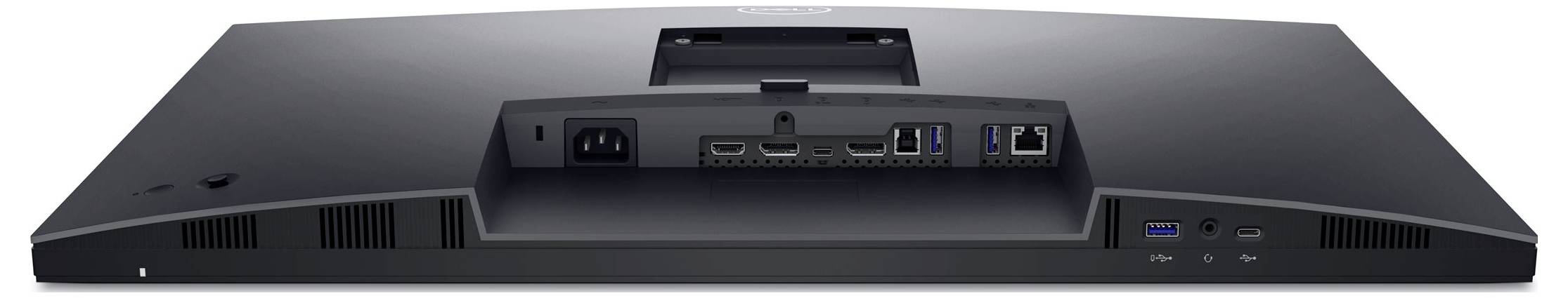 Die Rückseite eines Computermonitors mit verschiedenen Anschlüssen: HDMI, DisplayPort, USB, Netzwerk- und Stromanschluss.