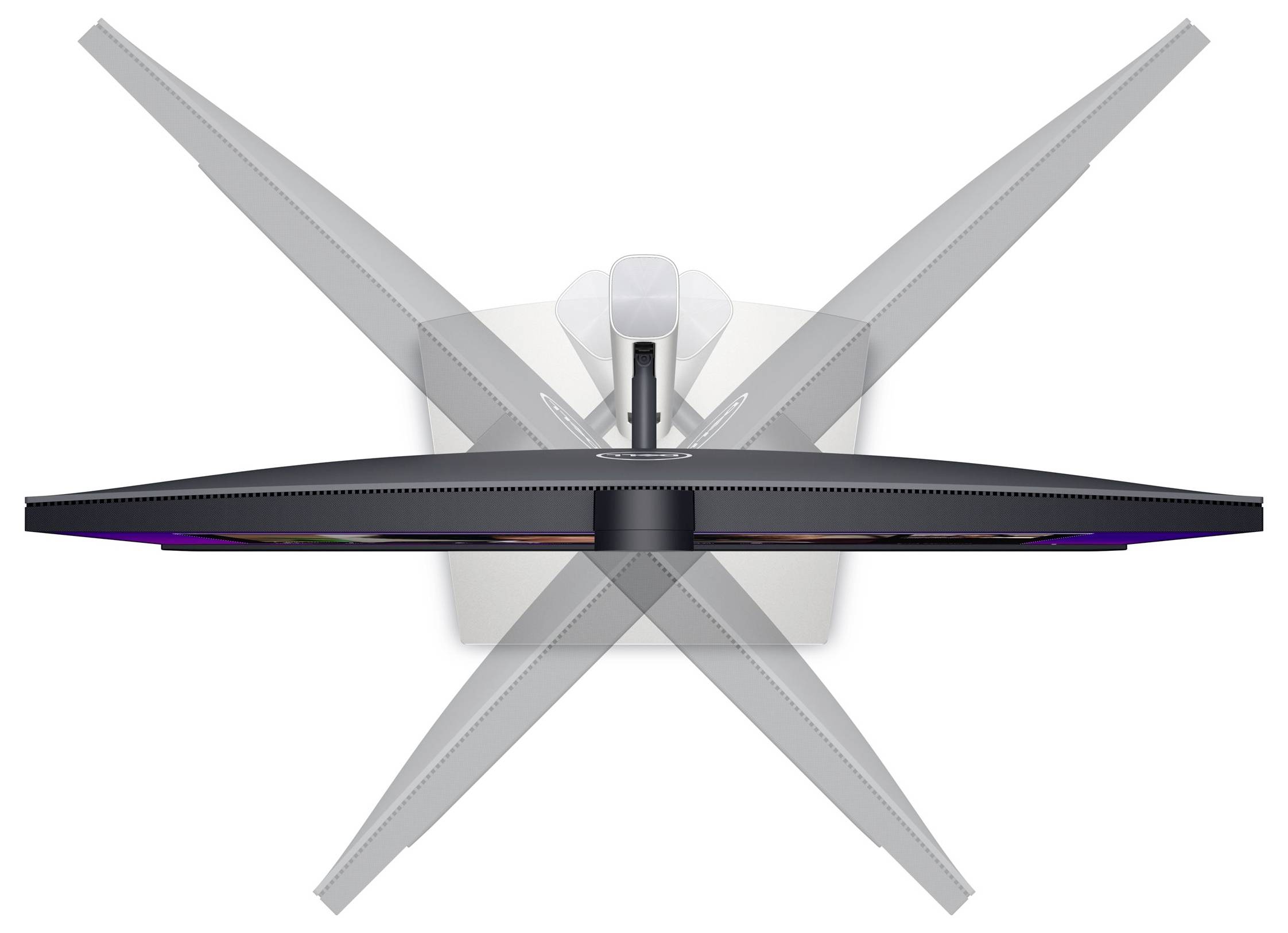 UHD-Monitor von oben mit Schwenkbewegungen illustriert; zeigt Verstellbarkeit des Bildschirms in verschiedene Neigungswinkel.