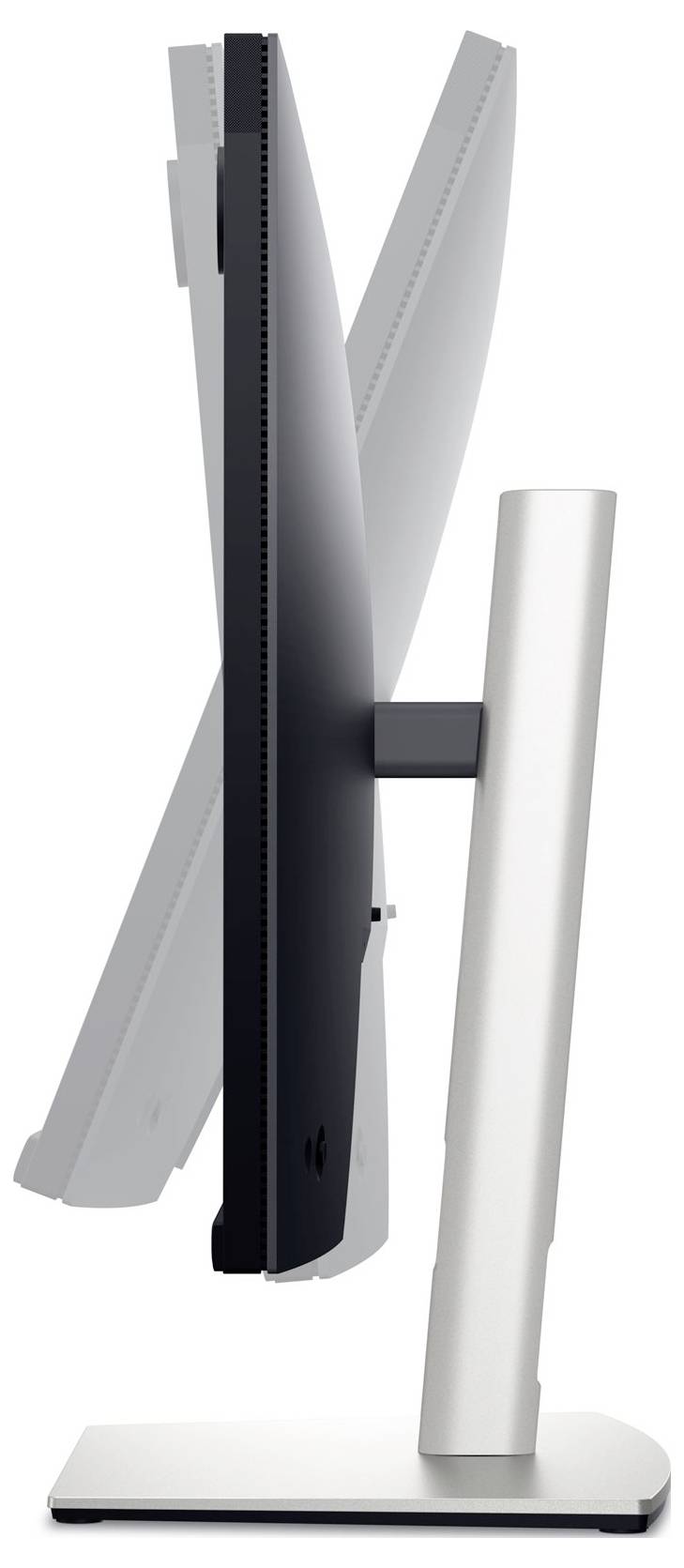 Flacher Computerbildschirm wird von der Seite gezeigt, montiert auf einem silbernen Standfuß. Bildschirm ist leicht nach hinten geneigt.