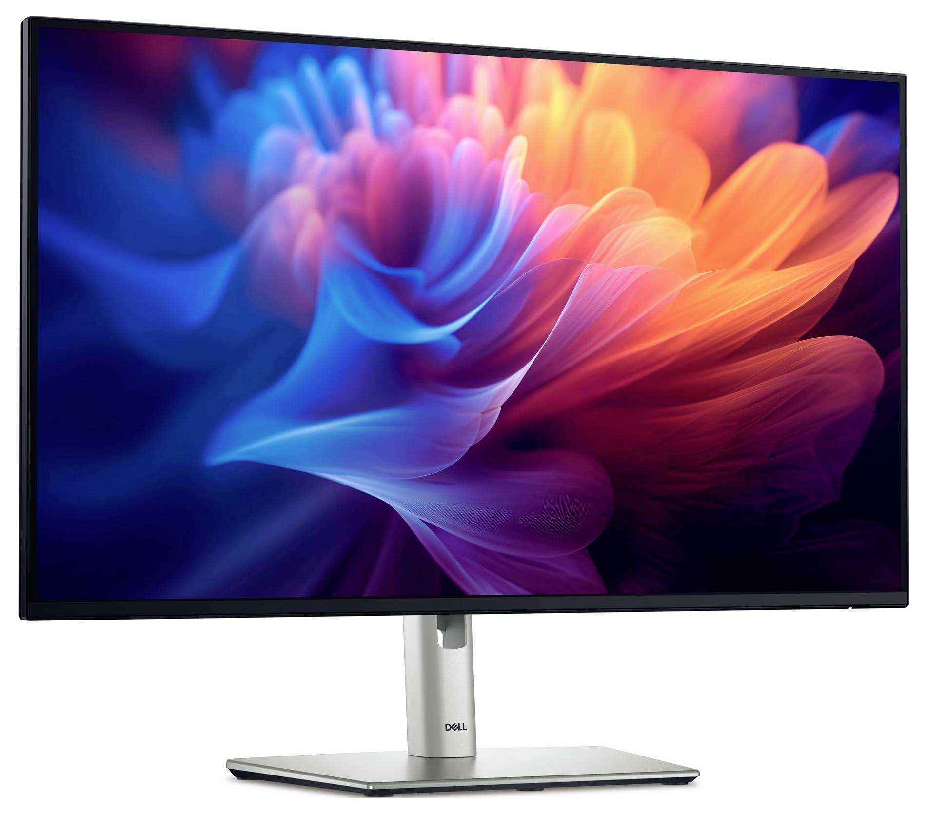 Ein Farbbildschirmschoner zeigt leuchtende, abstrakte Blumenformen in Blau- und Orangetönen auf einem Dell-Monitor.