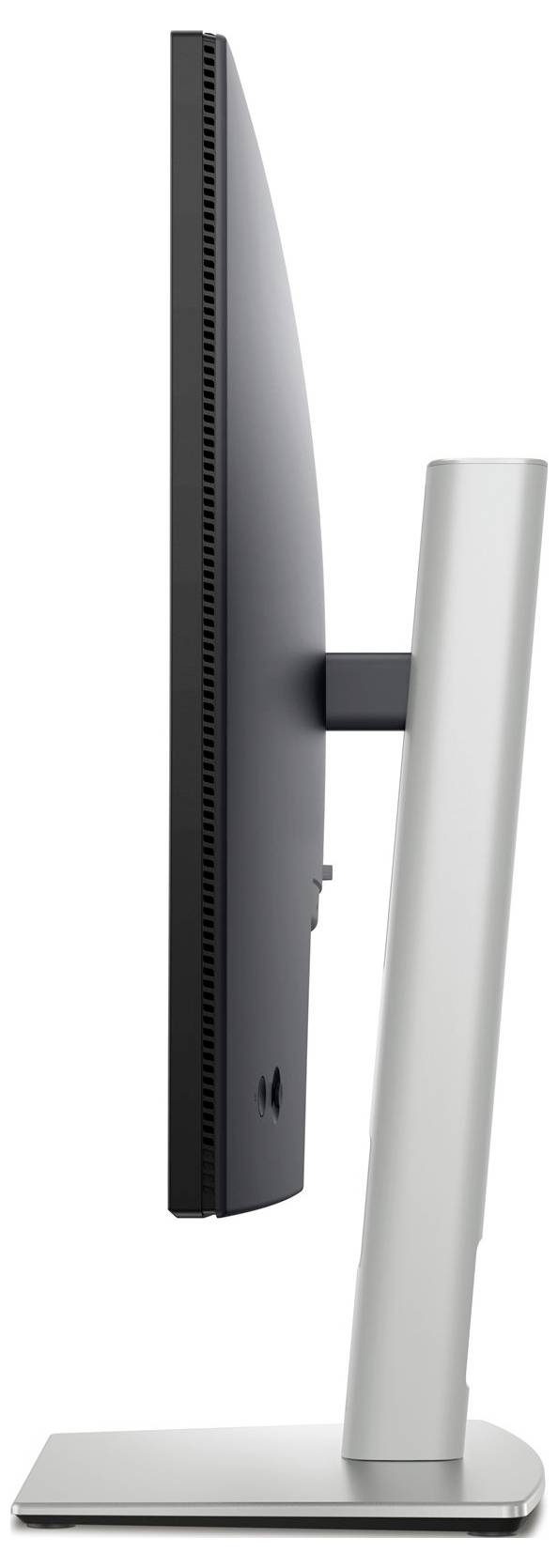 Seitenansicht eines dünnen Computerbildschirms mit silbernem Standfuß, der auf einer glatten Oberfläche steht.