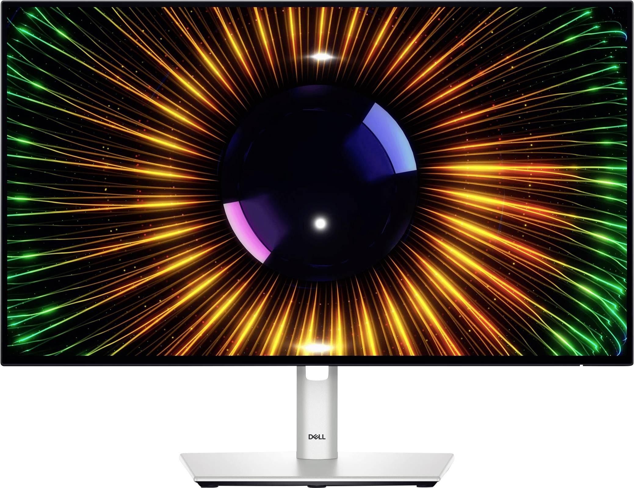 Ein Computermonitor zeigt ein farbenfrohes, pulsierendes Muster mit leuchtenden Strahlen in Orange und Grün, die sich zentrieren.