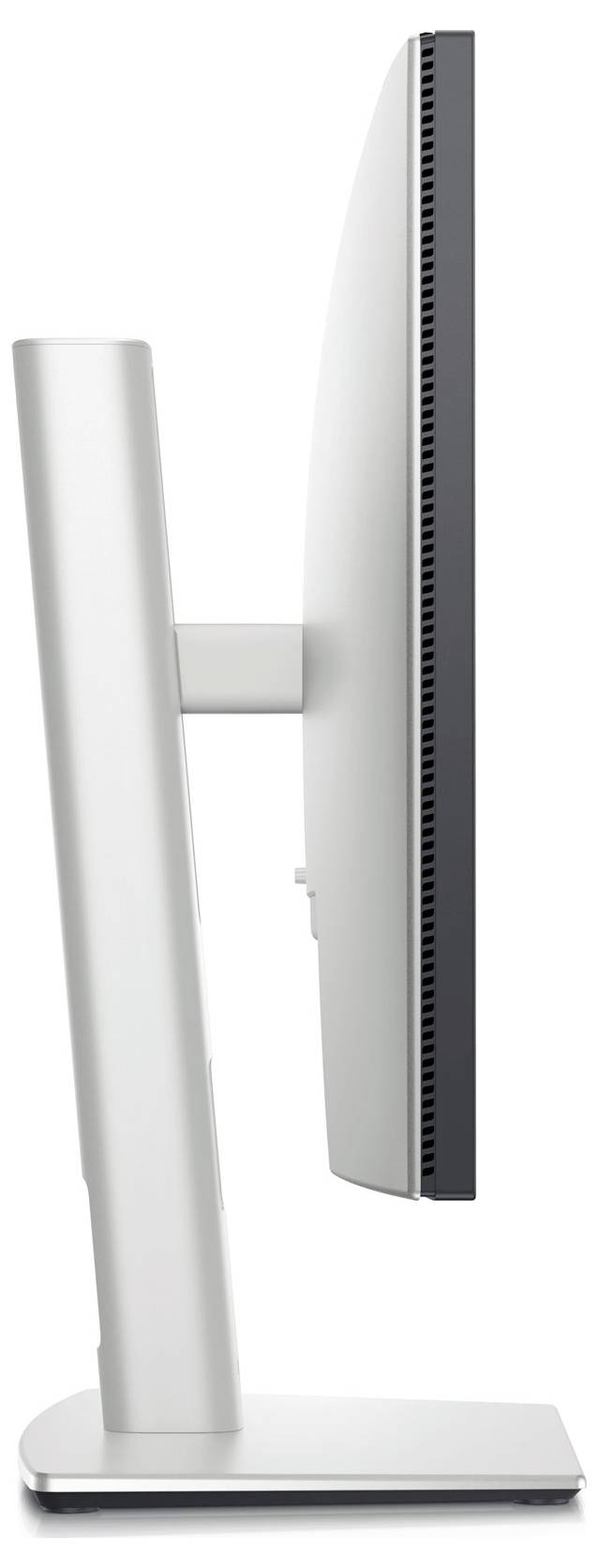 Silberner Computer-Monitor von der Seite, zeigt dünnes Design und stabilen Standfuß.