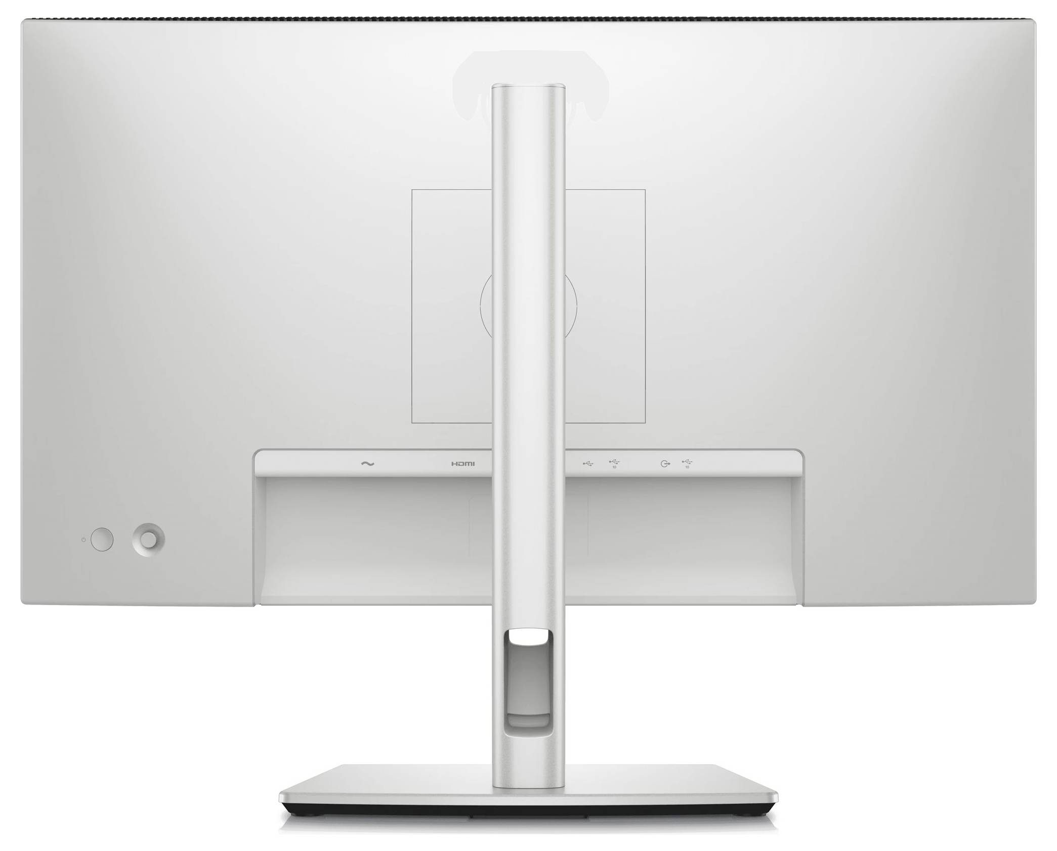 Ein moderner Computermonitor von hinten, zeigt den Standfuß und die Anschlüsse. Der Bildschirm ist flach und in neutralen Farben gehalten.