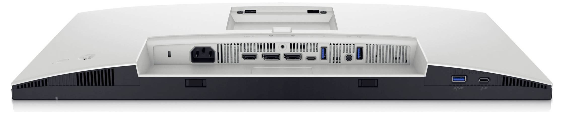 Rückseite eines Computerbildschirms mit Anschlüssen: HDMI, DisplayPort, USB, Stromanschluss. Kompatibel mit mehreren Geräten.