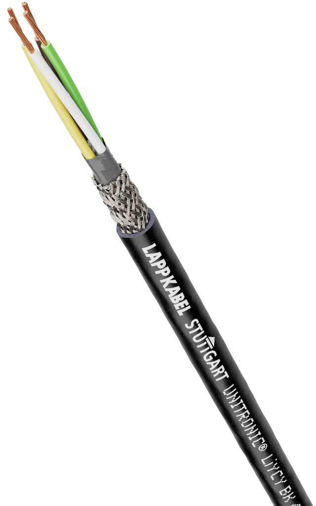 Kabel mit drei Adern, jede in unterschiedlichen Farben (grün/gelb, weiß, braun) ummantelt von schwarzem isolierendem Material.