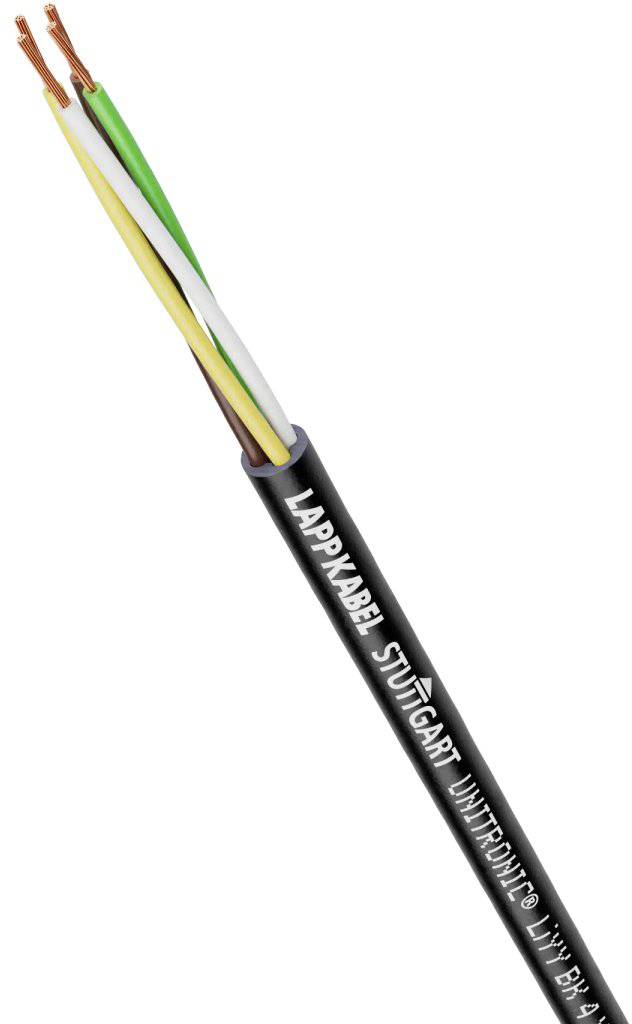 Ein schwarzes Kabel mit vier farbigen Adern: grün, gelb, weiß und braun. Aufschrift auf der Ummantelung: 'Lappkabel Stuttgart'.