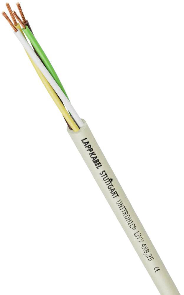 Ein Lappkabel mit drei kupfernen Drähten, ummantelt, mit der Aufschrift 'LAPPA KABEL STUTTGART UNITRONIC LiYY 3x0,25'.