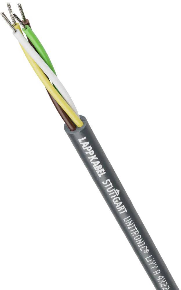 Ein graues Kabel mit vier farbigen Drähten (grün, weiß, gelb, braun) ist beschriftet mit 'LAPPKABEL STUTTGART UNITRONIC® LiYY 4x0,25'.