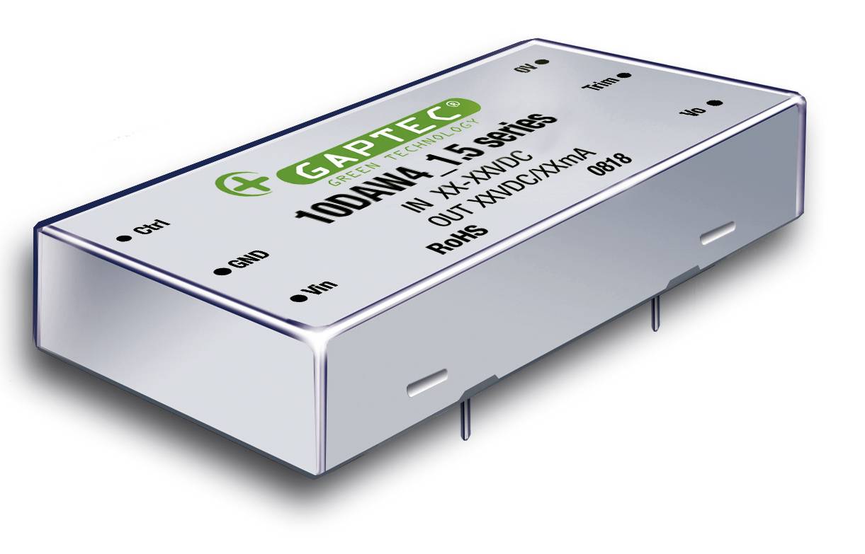 'GAPTEC 100BW4.2LS series DC-DC Converter' mit Eingangsbereich 9-36VDC, Ausgang 15VDC/1A, RoHS-konform.