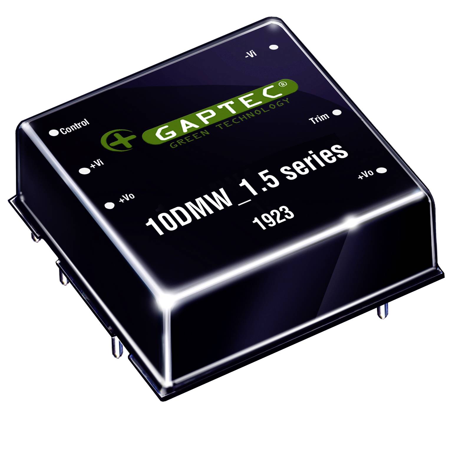 Ein schwarzes elektronisches Bauteil der '10DMW 1.5 series' von GAPTEC Green Technology, zeigt Anschlüsse und Beschriftungen auf der Oberfläche.