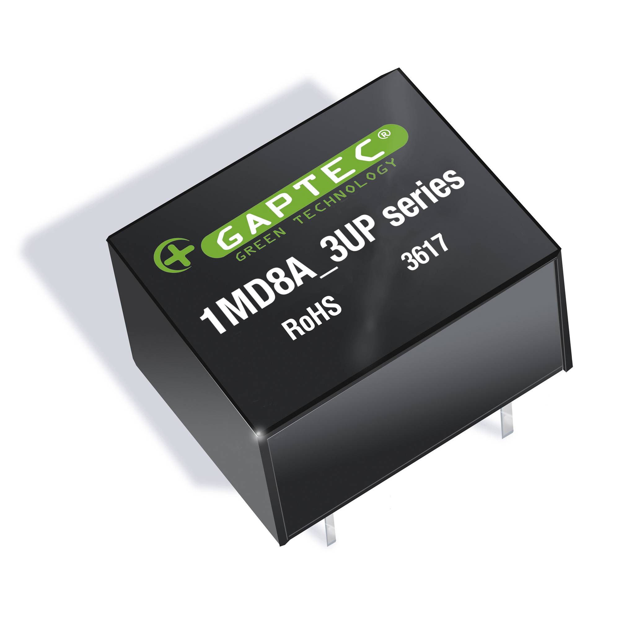 Schwarzer elektronischer Bauteil mit der Aufschrift 'GAPTEC Green Technology', '1MD8A_3UP series', 'RoHS', '3617'.