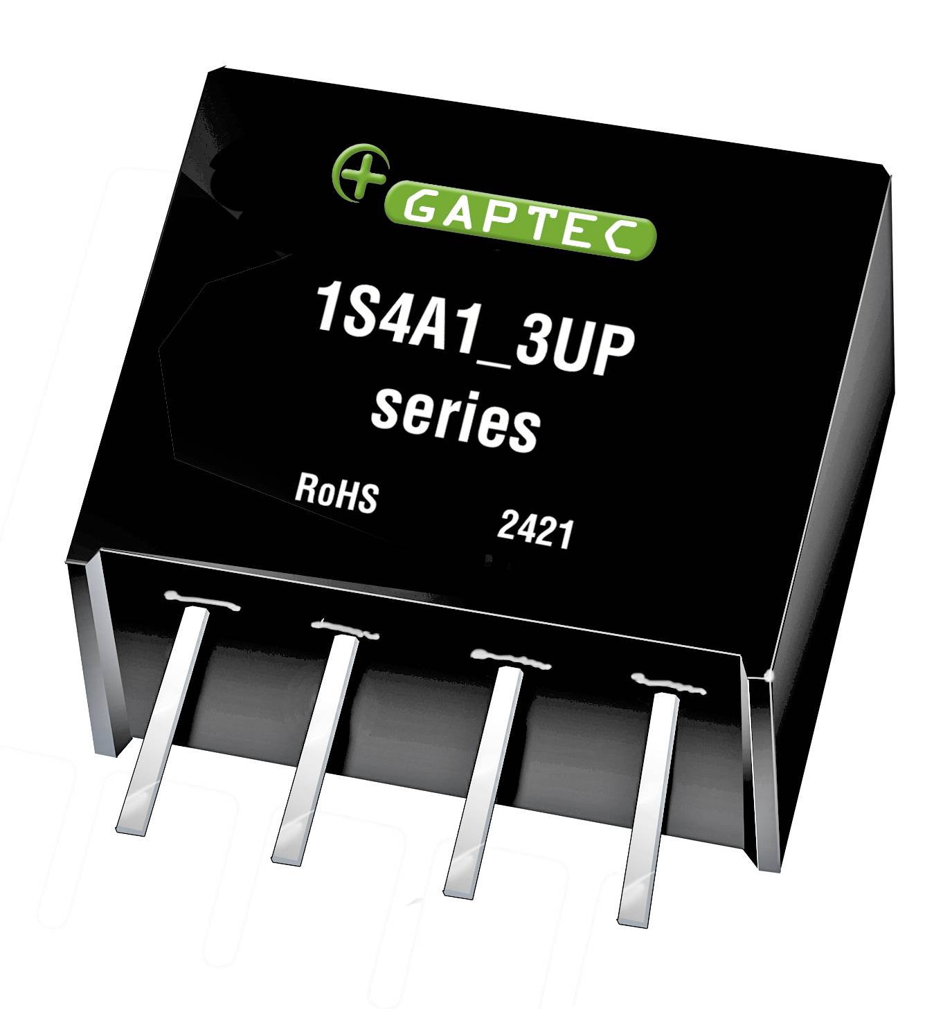 Schwarzes elektronisches Bauteil mit der Aufschrift 'GAPTEC 1S4A1_3UP series', enthält vier Metallstifte und RoHS-Kennzeichnung.