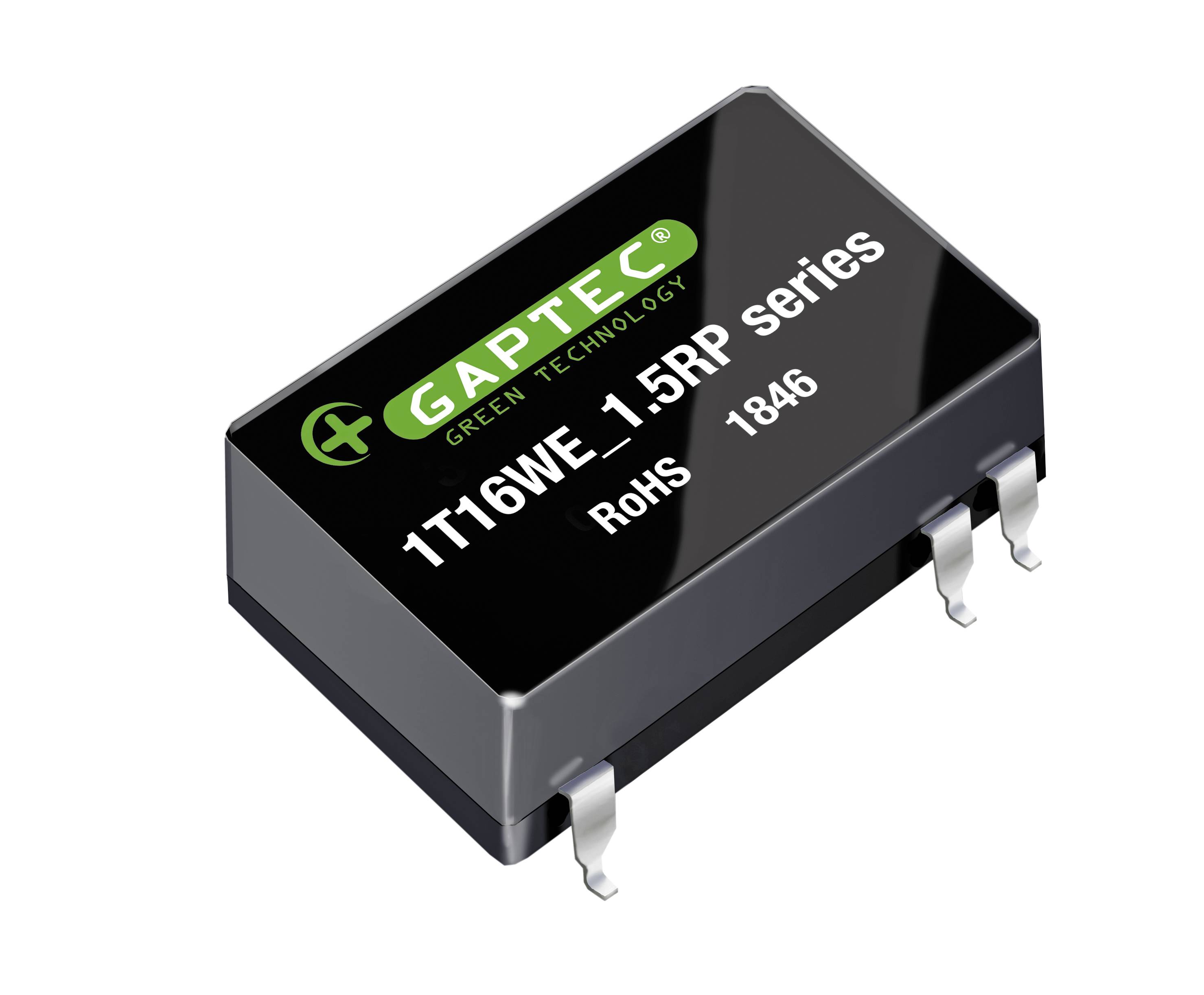 Schwarzes elektronisches Bauteil von GAPTEC mit der Beschriftung '1T16WE-1.5RP series', 'RoHS' und '1846', für grüne Technologie.