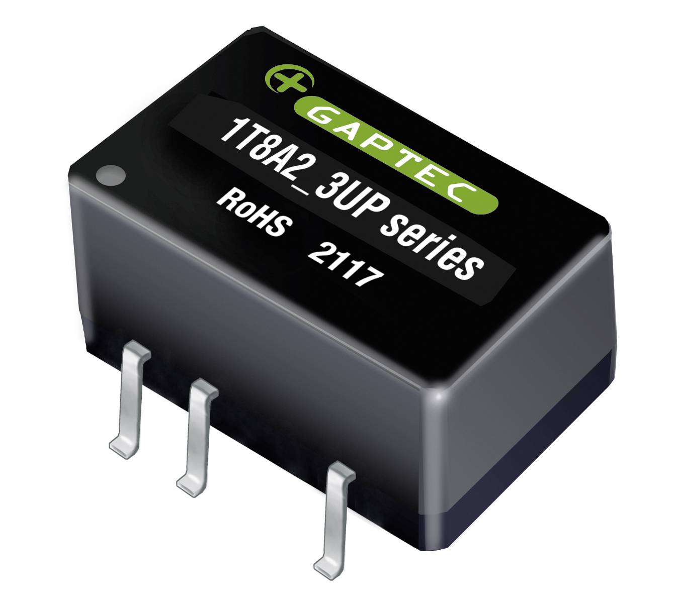 Schwarzer elektronischer Bauteil mit der Aufschrift 'GAPTEC', '1T8A2_3UP series', 'RoHS 2117', hat drei Anschlussstifte.