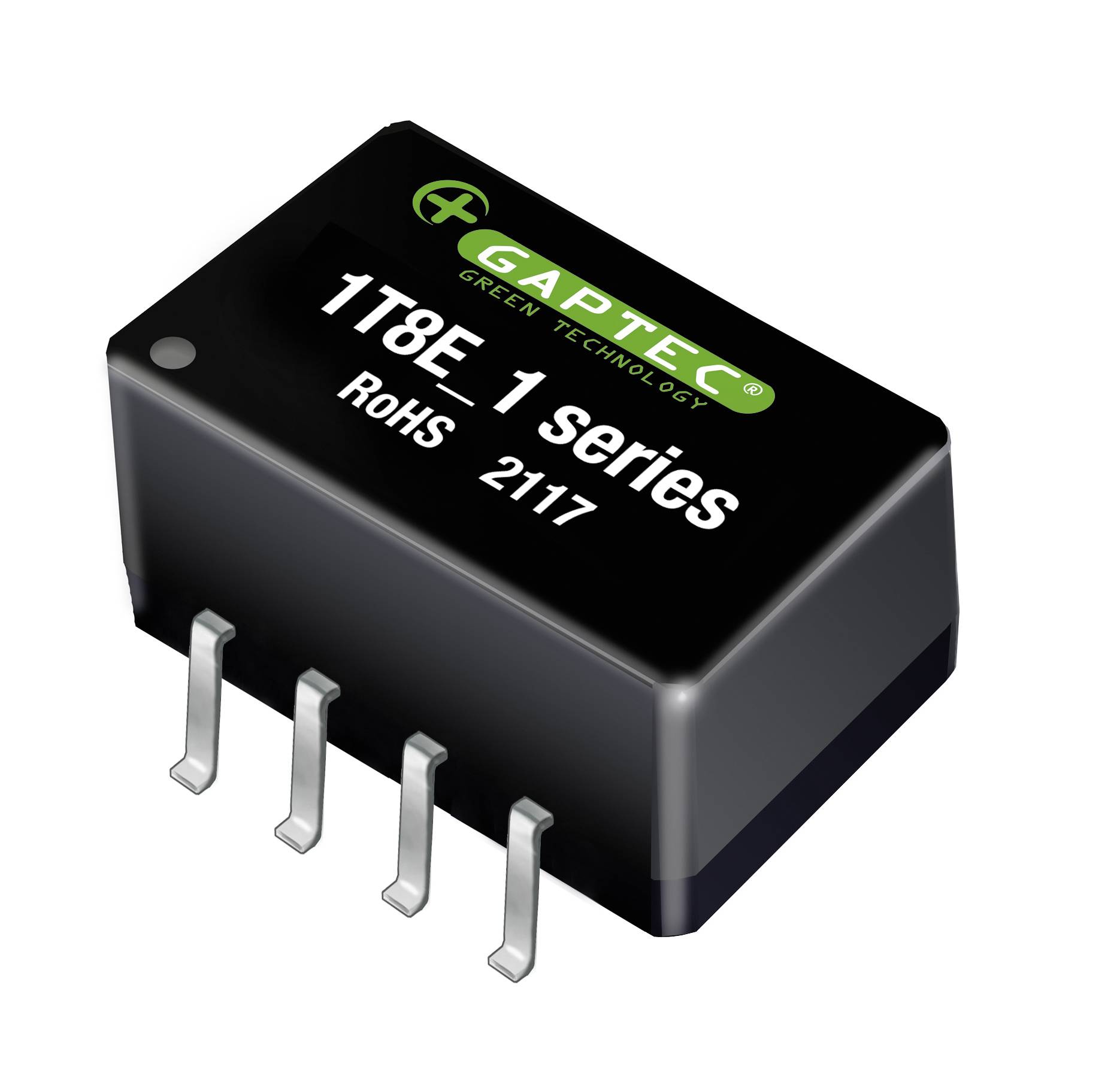 'GAPTEC 1T8E_1 series', ein schwarzer elektronischer Chip mit vier silbernen Pins, RoHS 2117 zertifiziert.