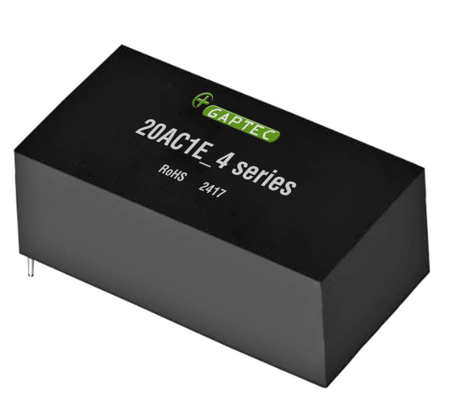 Schwarzes elektronisches Bauteil mit der Aufschrift 'GAPTEC 20AC1E_4 series RoHS 2417', zeigt die Seriennummer und RoHS-Konformität.