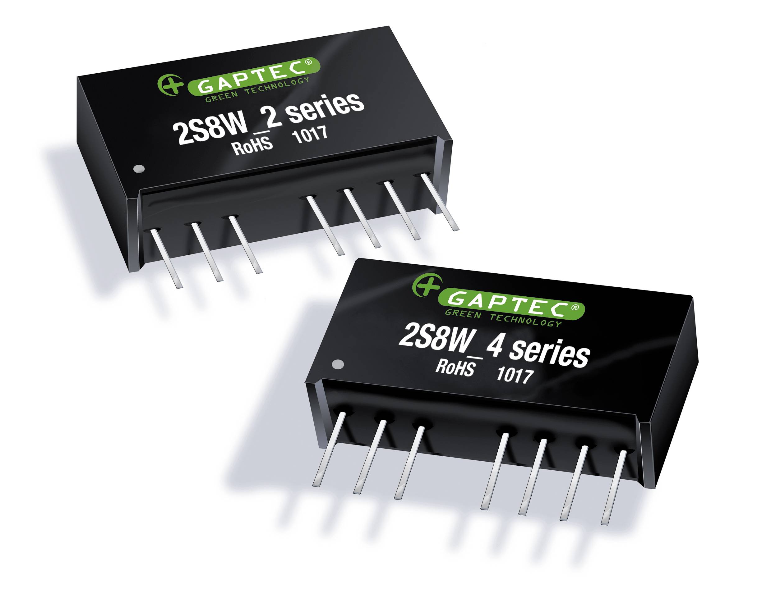 Zwei elektronische Bauteile mit der Aufschrift 'GAPTEC GREEN TECHNOLOGY'. Links '2S8W 2 series', rechts '2S8W 4 series'.