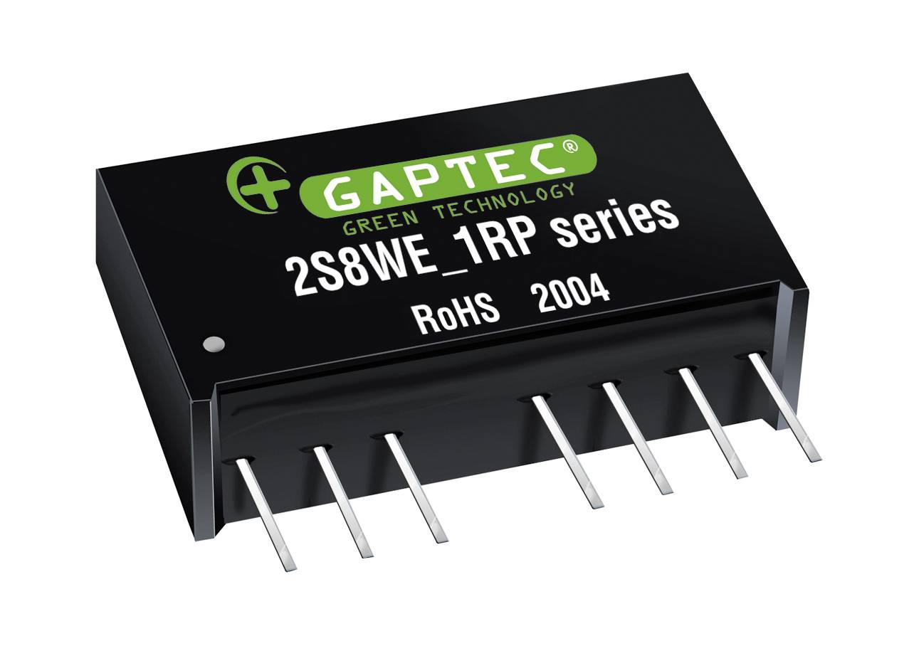 Ein schwarzer elektronischer Bauteilchip mit der Aufschrift 'GAPTEC GREEN TECHNOLOGY 2S8WE_1RP series RoHS 2004' und mehreren Anschlüssen.