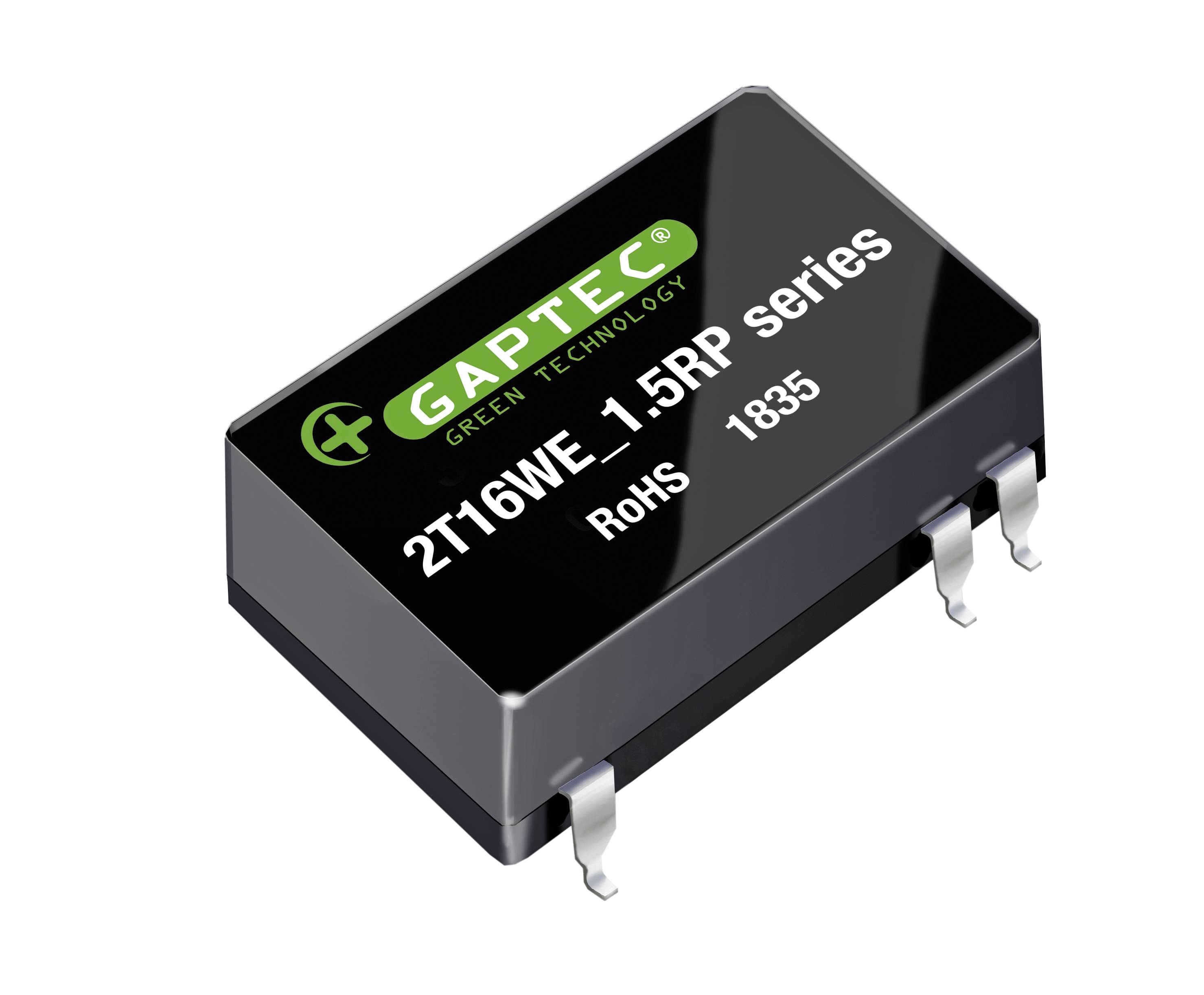 Elektronisches Bauteil von GAPTEC, Modell 2T16WE-1.5RP, mit RoHS-Kennzeichnung, präsentiert in schwarzer Kapselung mit Anschlüssen.
