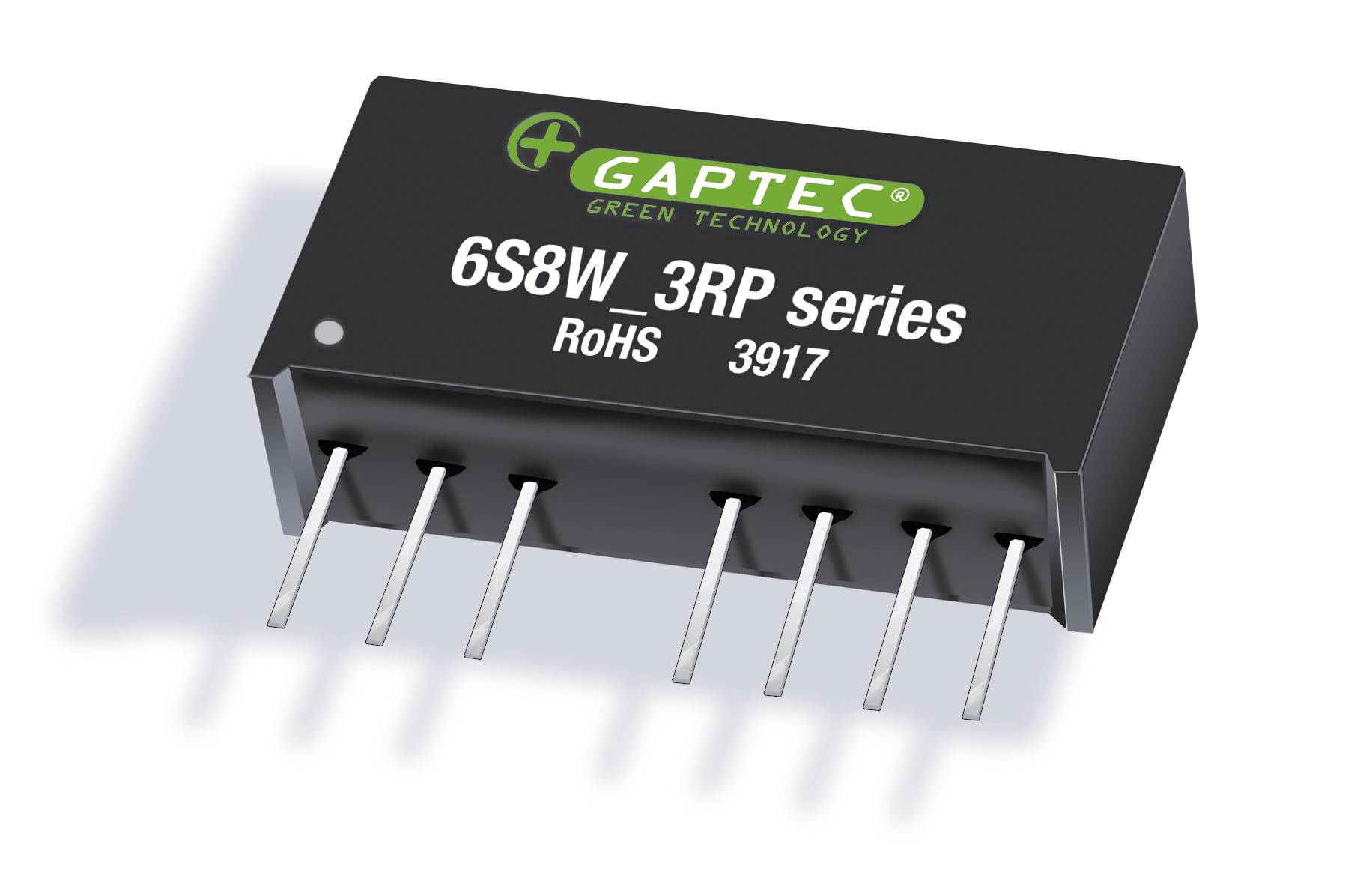 Auf dem Bild ist ein elektronisches Bauteil der Serie '6S8W_3RP' von GAPTEC zu sehen. Es hat mehrere Metallpins und trägt das RoHS-Kennzeichen.