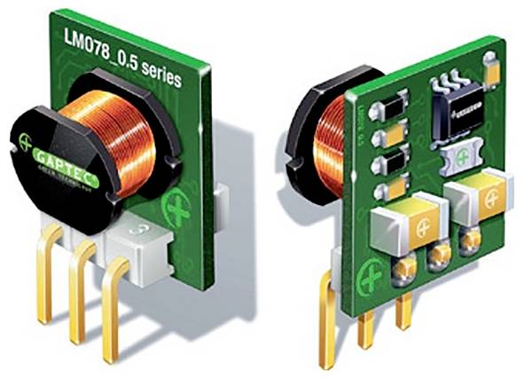Zwei grüne elektronische Bauteile mit kupferfarbenen Spulen, gekennzeichnet als 'LM078 0,5 series GAPTEC' mit gelben Steckverbindern.