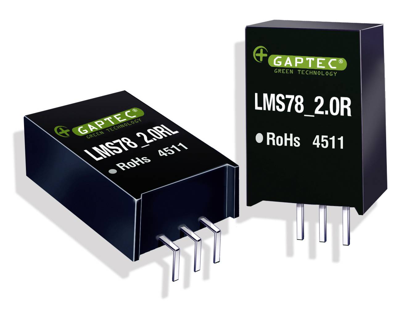 Zwei elektronische Bauteile mit der Aufschrift 'GAPTEC', Modell 'LMS78_2.0R', grüne Technologie, RoHS-zertifiziert, Anschlusspins sichtbar.