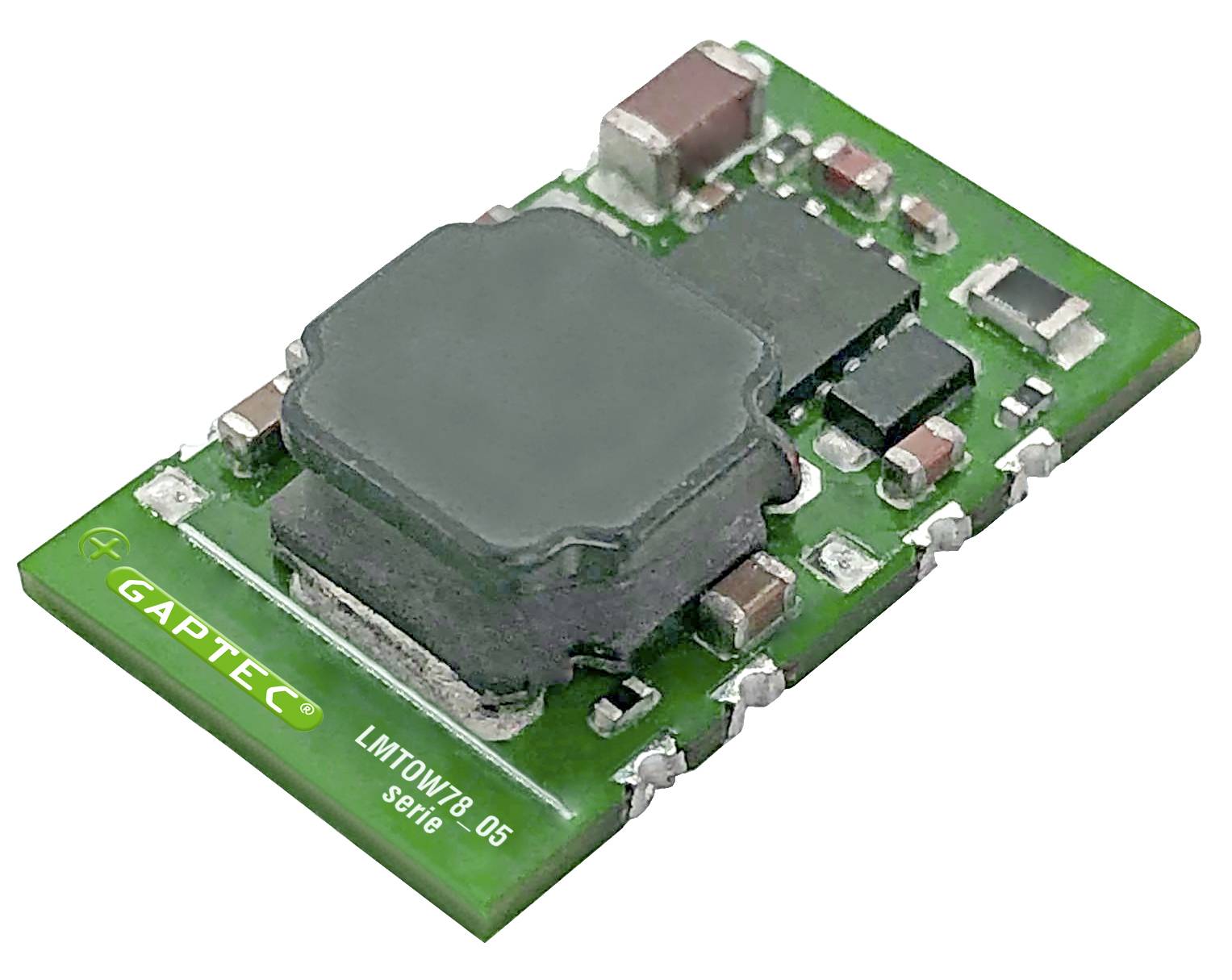 Eine grüne Leiterplatte mit elektronischen Bauteilen, inklusive einem großen schwarzen Chip in der Mitte. Markenname 'GAPTEC' sichtbar.