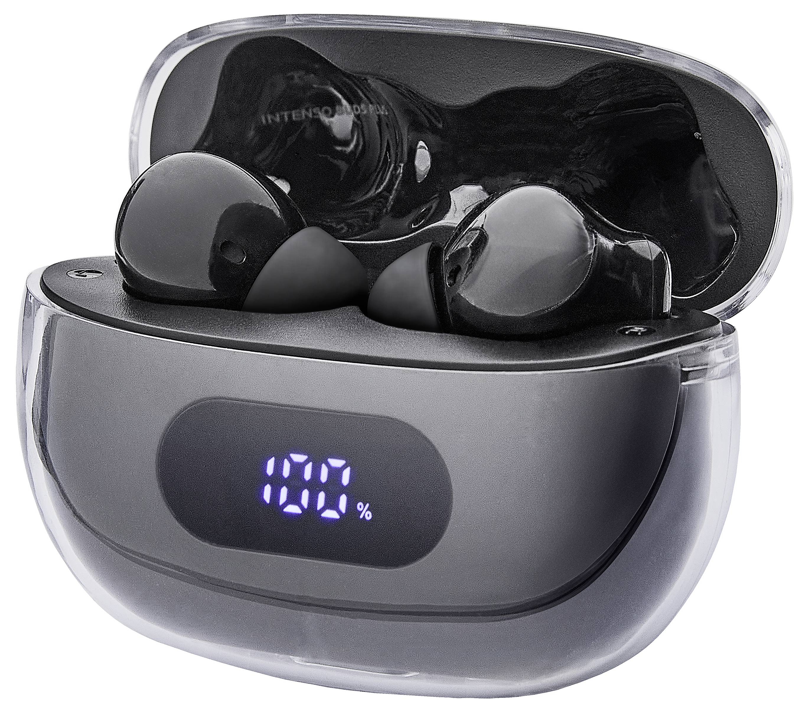 Schwarze kabellose Ohrhörer in einem Ladeetui mit digitaler Anzeige, die '100%' zeigt.
