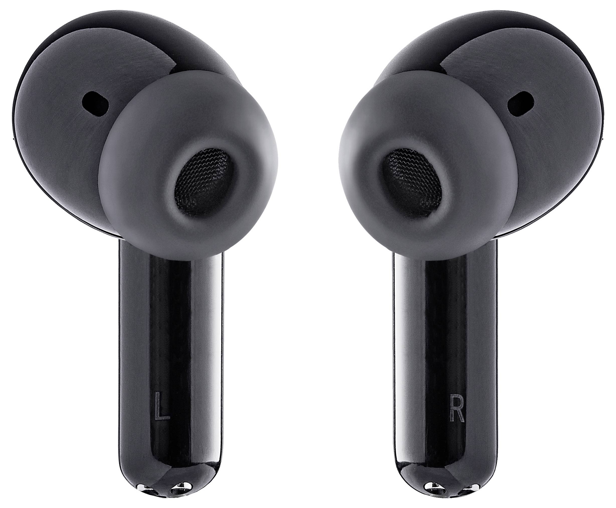 Schwarze kabellose In-Ear-Kopfhörer mit L- und R-Markierung zur Unterscheidung der linken und rechten Ohrhörer.