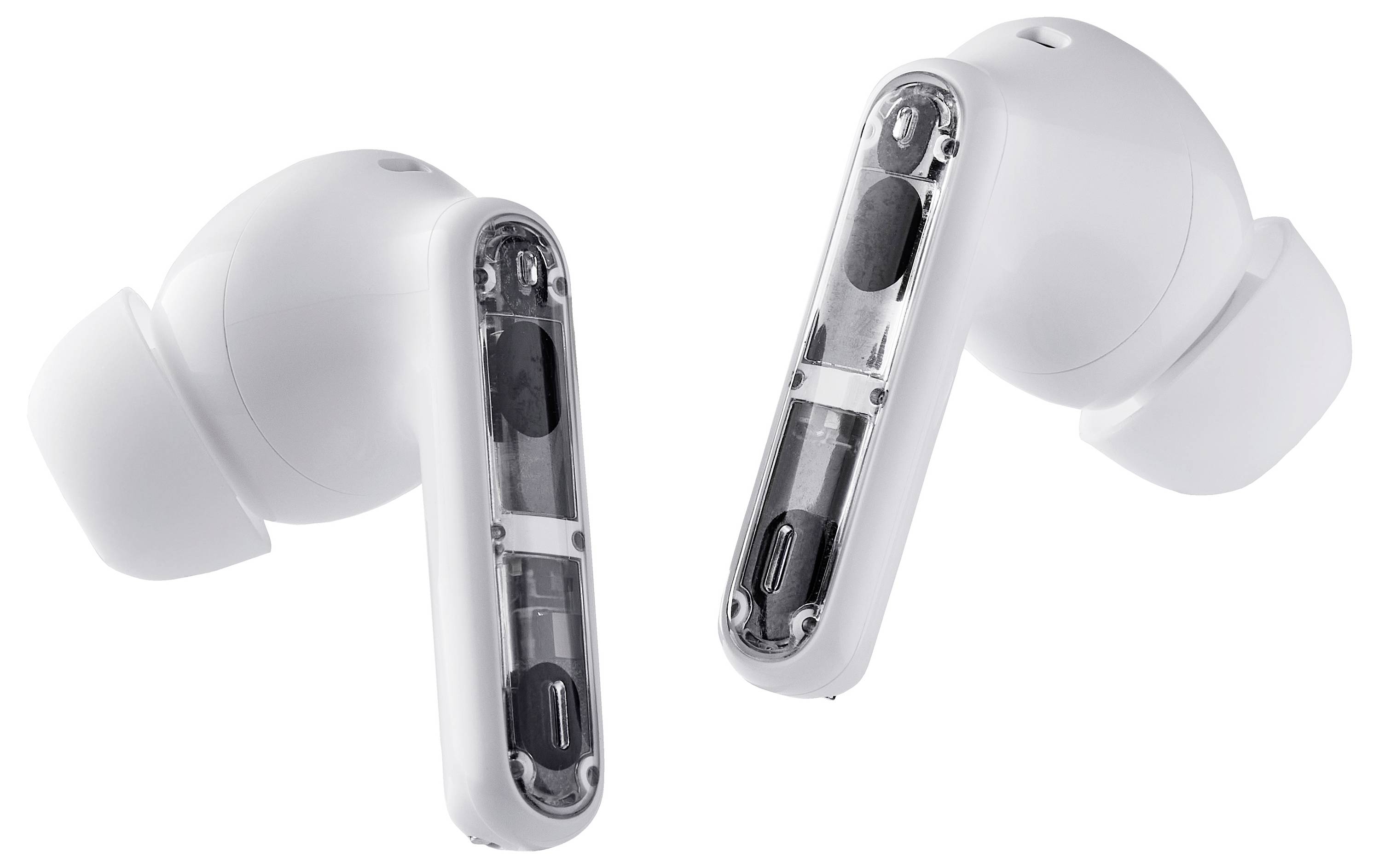 Zwei weiße, kabellose In-Ear-Kopfhörer mit transparenten Elementen, die das Innenleben zeigen.