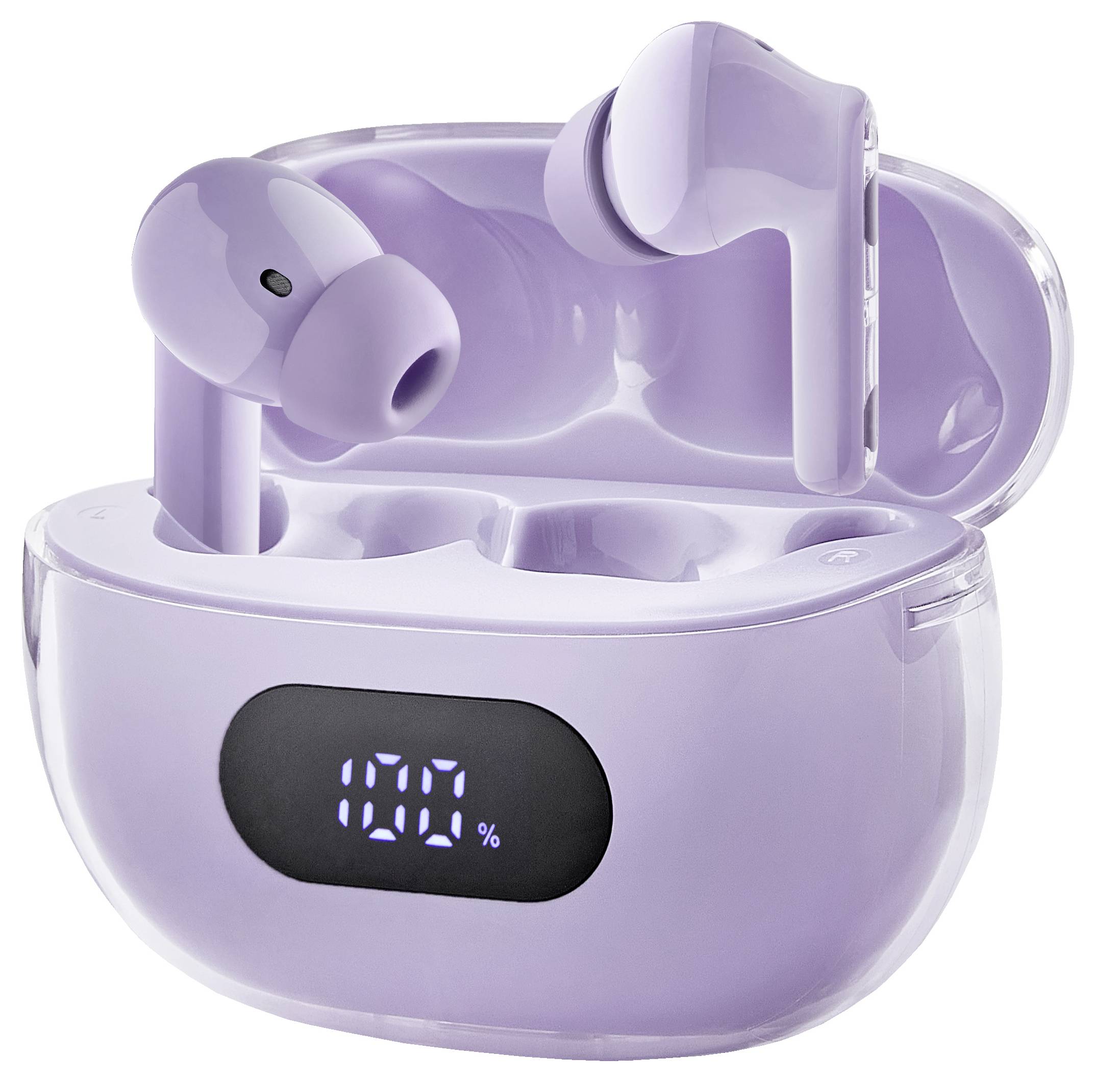 Kabellose lila Ohrhörer in einer geöffneten Ladehülle mit einem digitalen Display, das '100%' anzeigt, was die volle Ladung bedeutet.