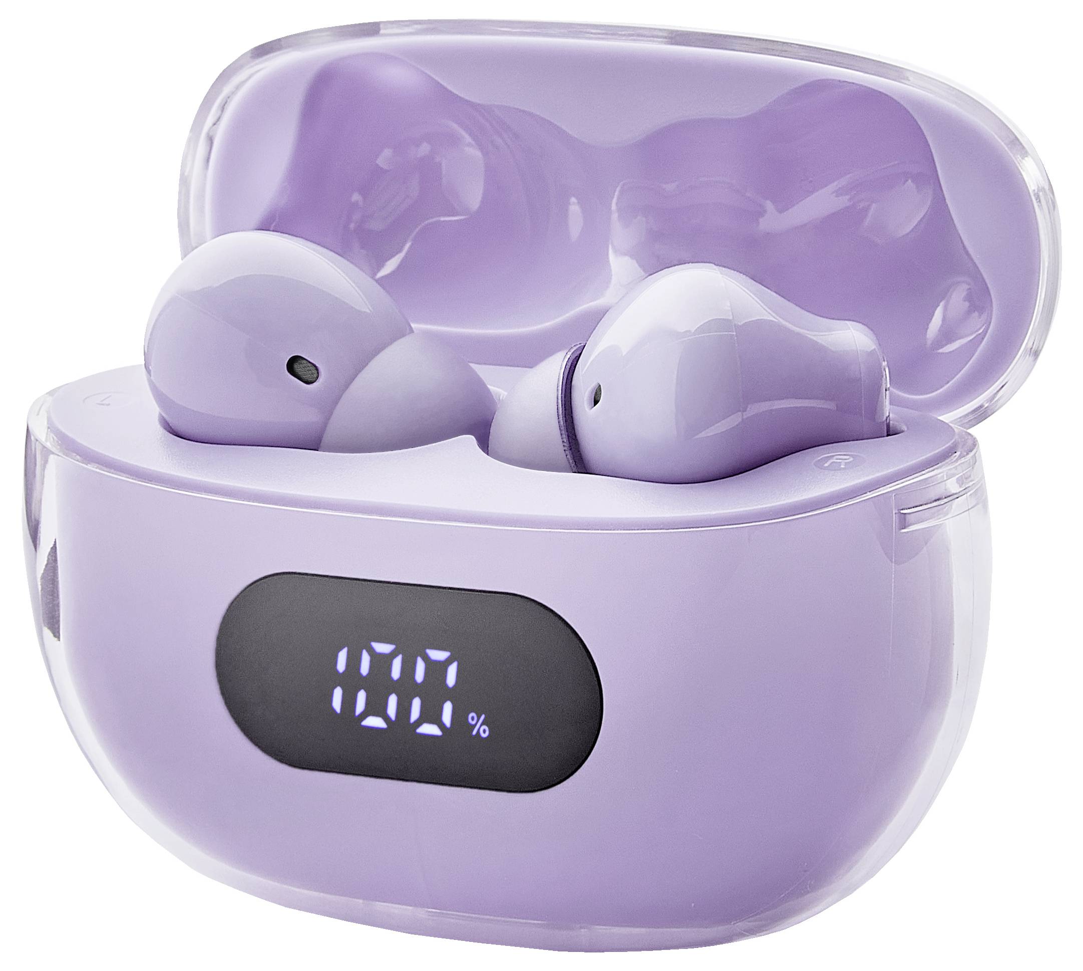 Lila kabellose Ohrhörer in offenem Ladecase mit digitaler Anzeige '100%'.