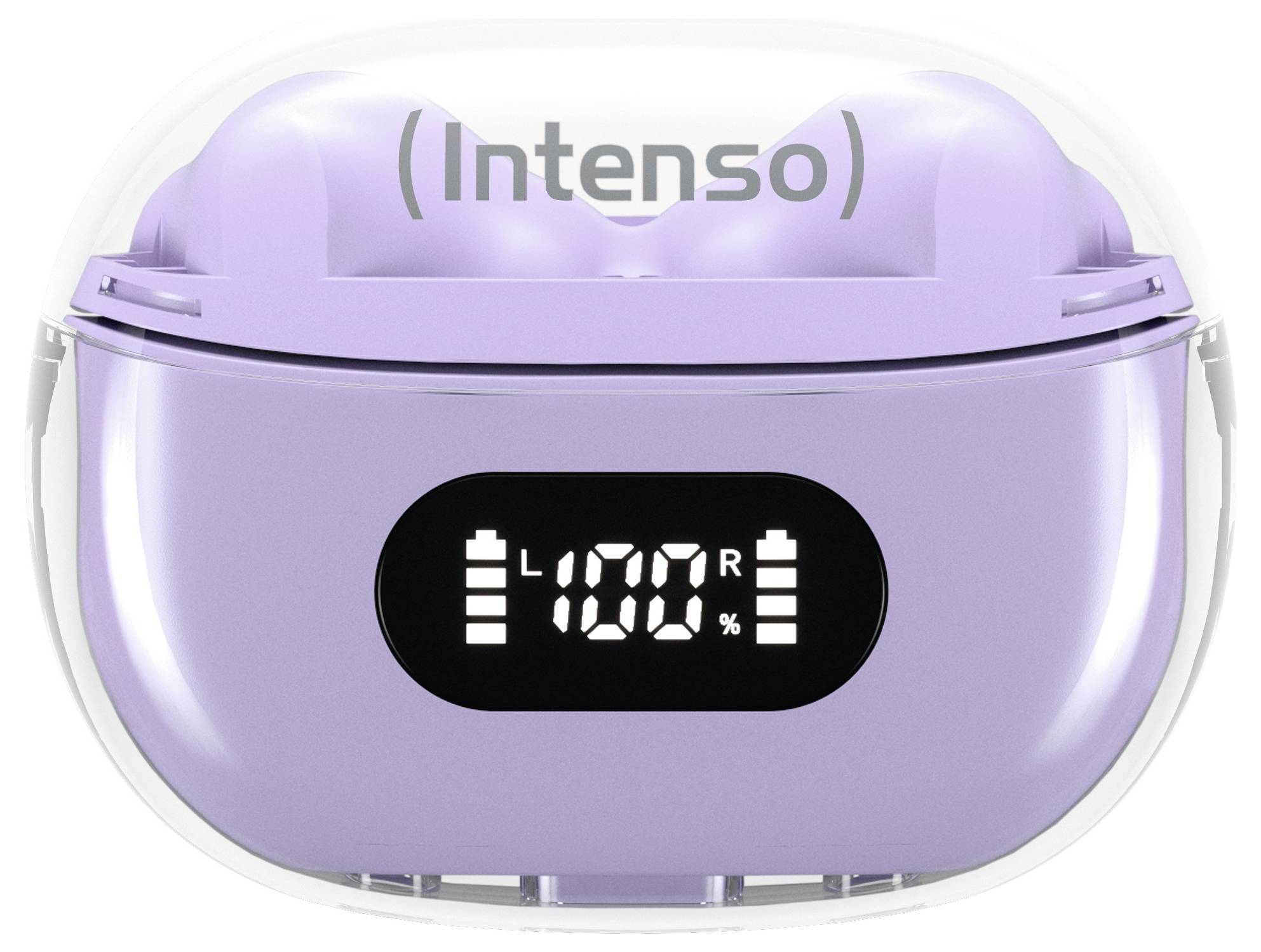 Lila Ladestation mit Display zeigt 'L 100%' und 'R 100%' für Kopfhörer-Akkustand.