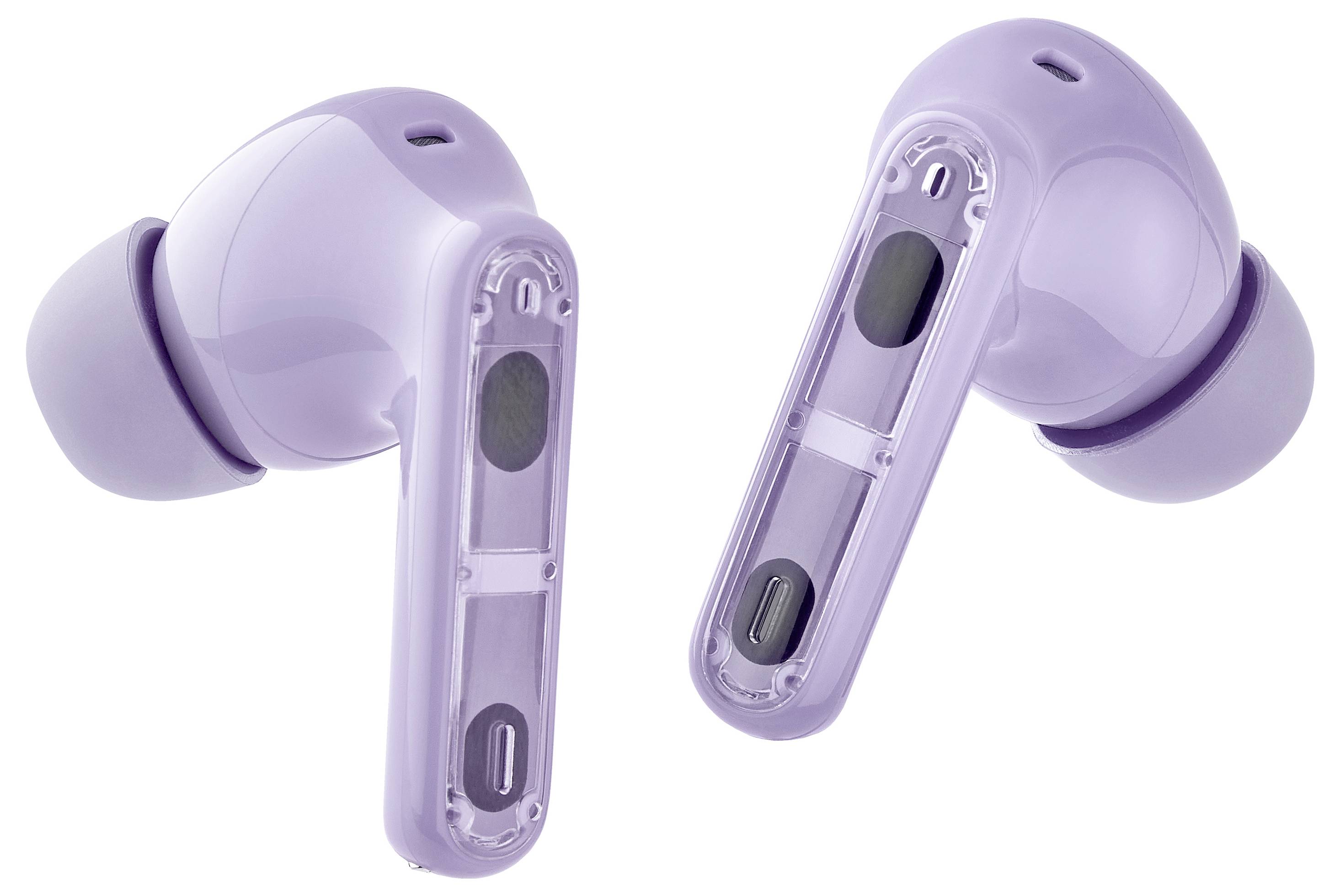 Lila kabellose Ohrhörer, leicht transparentes Design, moderne Technologie und ergonomische Form.