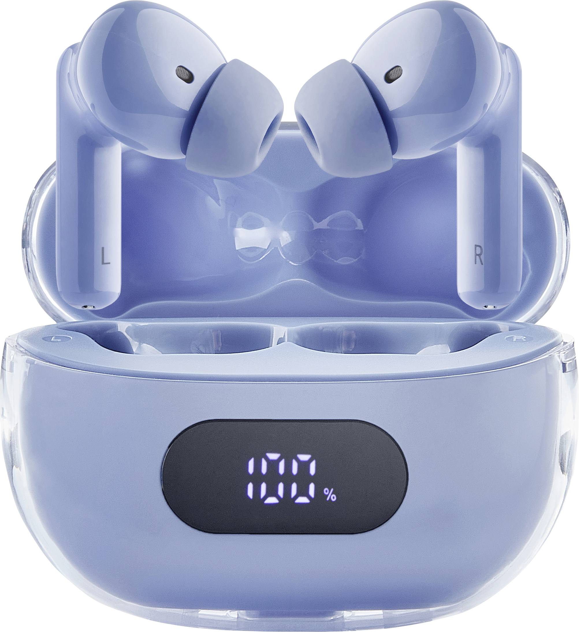 Kabellose, blaue In-Ear-Kopfhörer im Ladecase. Das Display zeigt '100 %'.