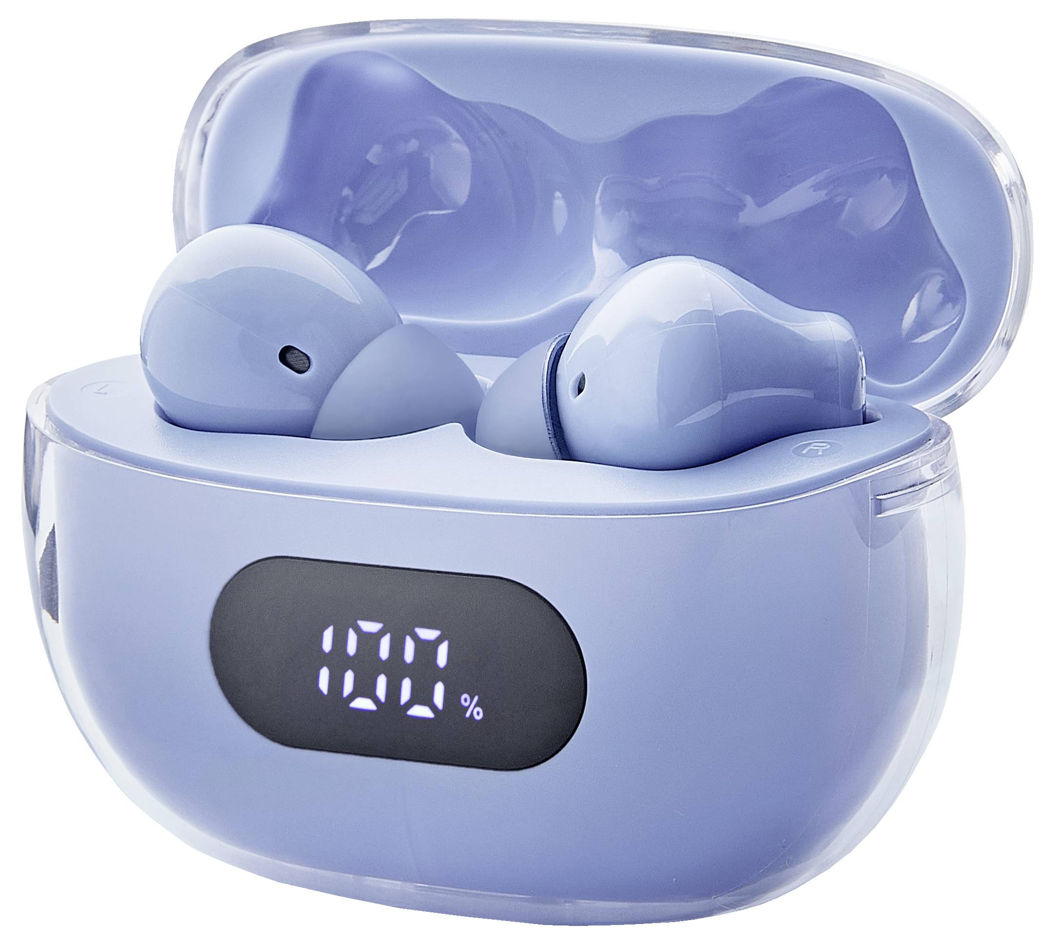Kabellose blaue Ohrhörer in einer offenen Ladehülle mit digitaler Anzeige, die '100%' zeigt, darauf hinweisend, dass sie vollständig geladen sind.