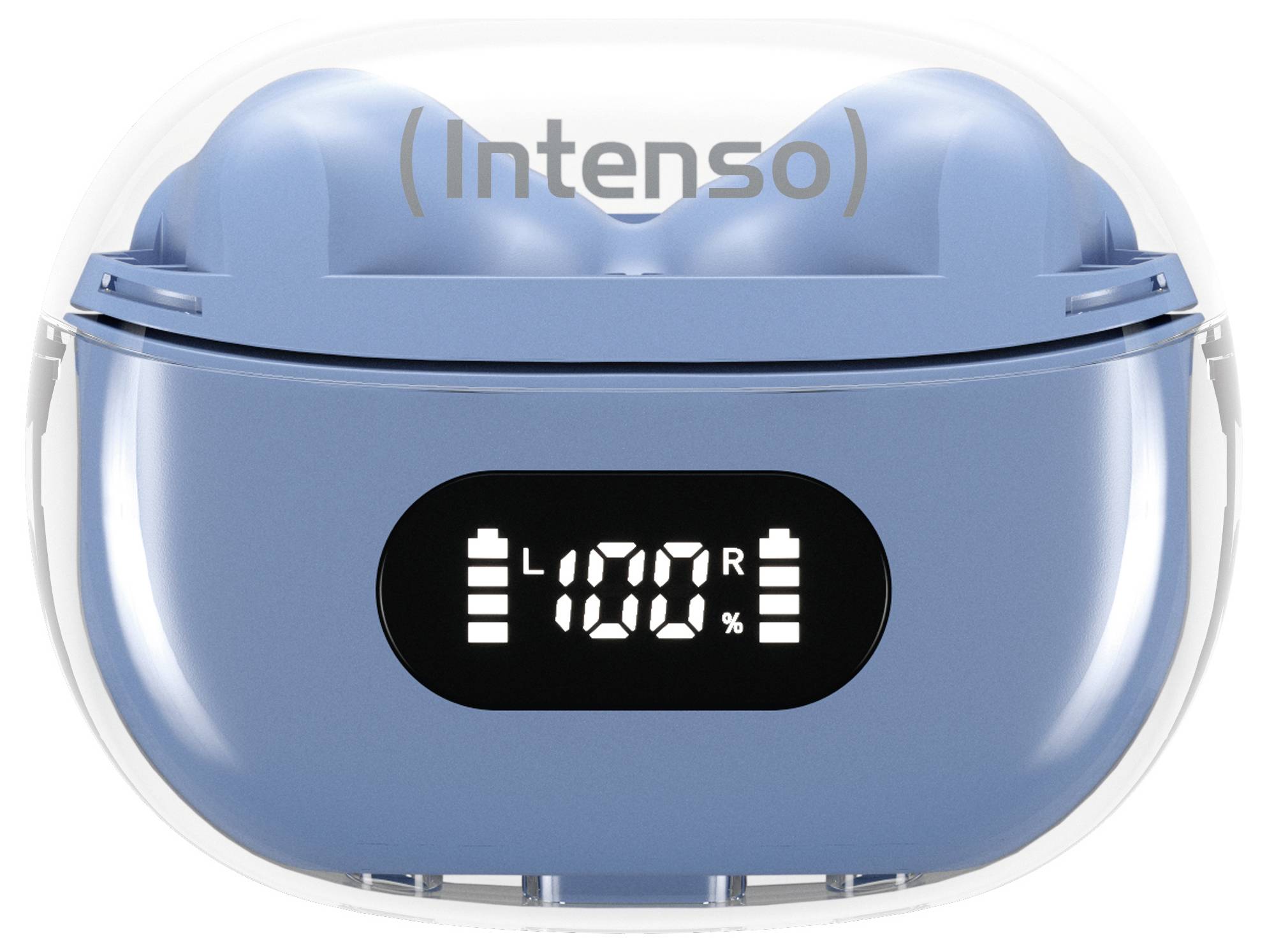 Blaue Ladebox mit integriertem Display, das den Ladezustand beider Ohrhörer mit 100% anzeigt.