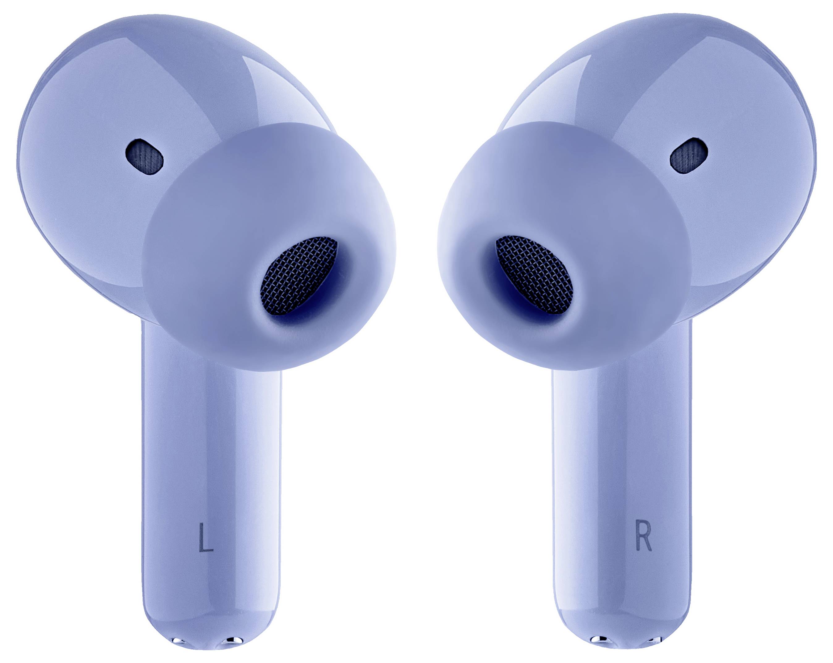 Blaue kabellose Ohrhörer in Frontansicht, jeweils mit einem 