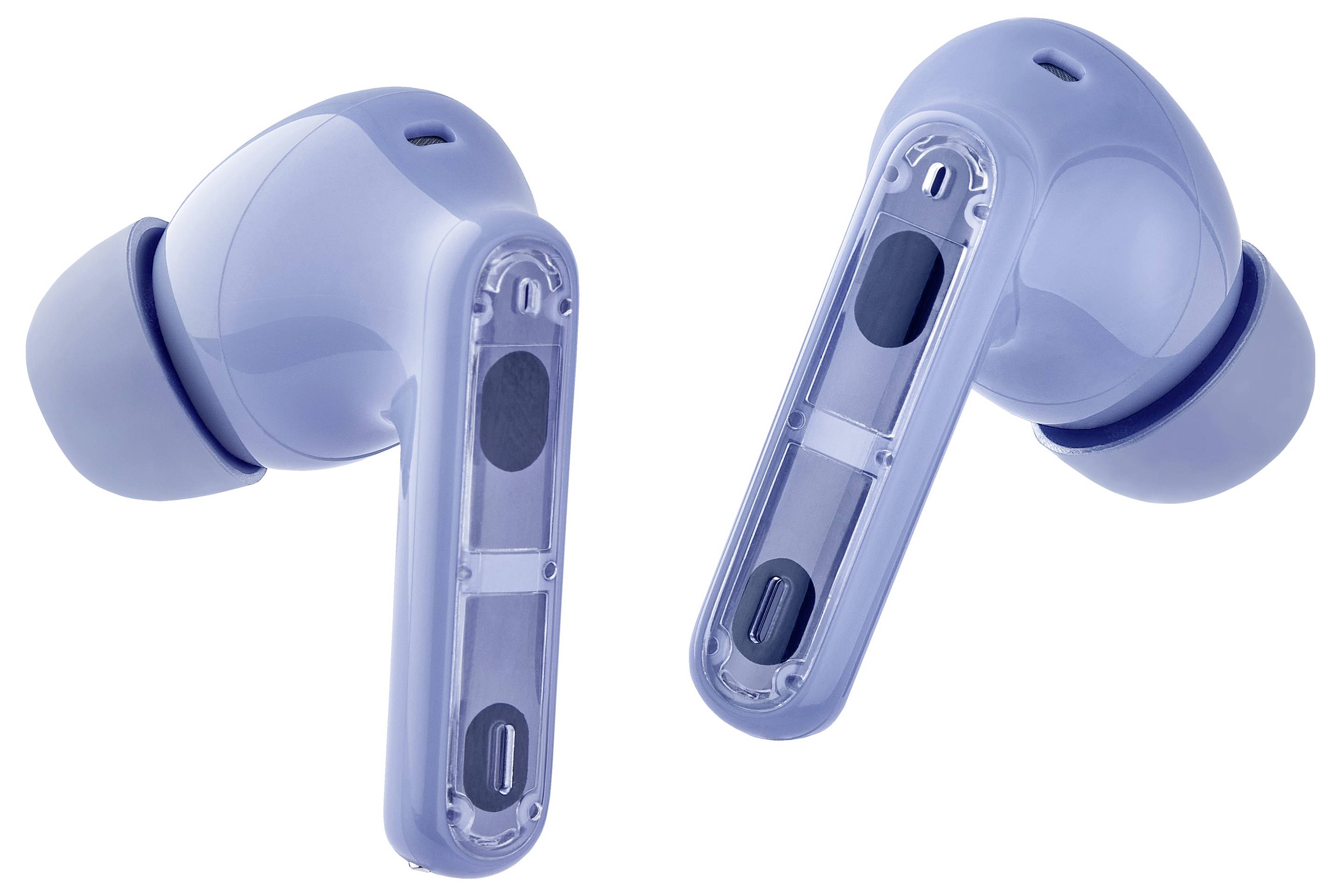 Zwei blaue drahtlose Ohrhörer, jeweils mit Silikon-Ohrstöpsel. Einer zeigt die Außenseite, der andere das Innenlayout.